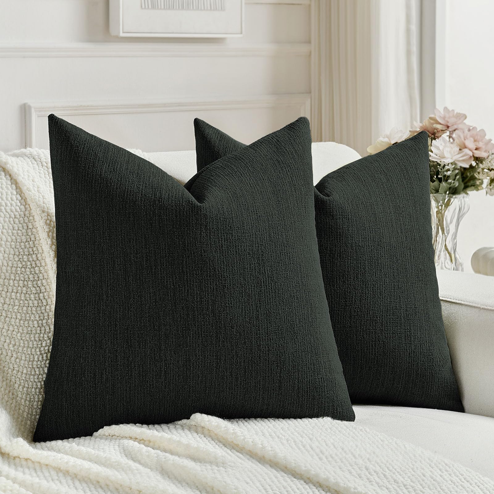 FUTEI Set of 2 Soft Chenille 40x40 cm Cushion Covers Textured Natural Faux Linen Scatter Pillow Covers 40 x 40 cm Farmhouse Accent for Sofa Bedroom Living Room, Black โ image 1