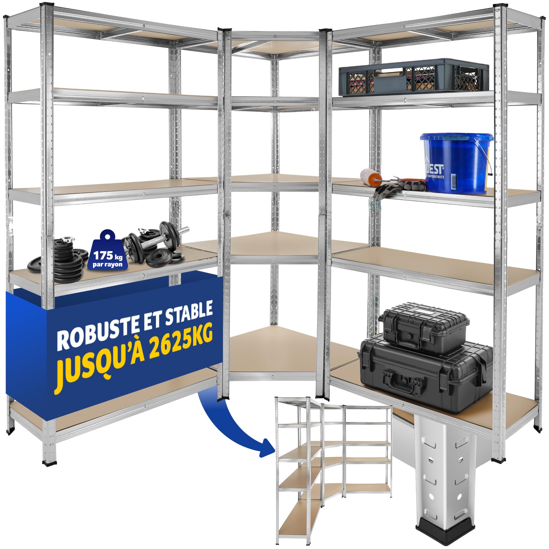 tectake® Étagère Garage Étagère Charge Lourde Meuble de Rangement modulable en métal 15 étagères Max. 175 kg par étagère Rangement Outils Rangement Atelier pneus Rangement buanderie