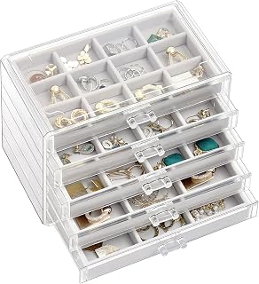 ProCase Clear Acrylic Earring Organizer Jewelry Box with 5 Velvet Drawers - Stackable Holder for Earrings, Rings & Women Grey