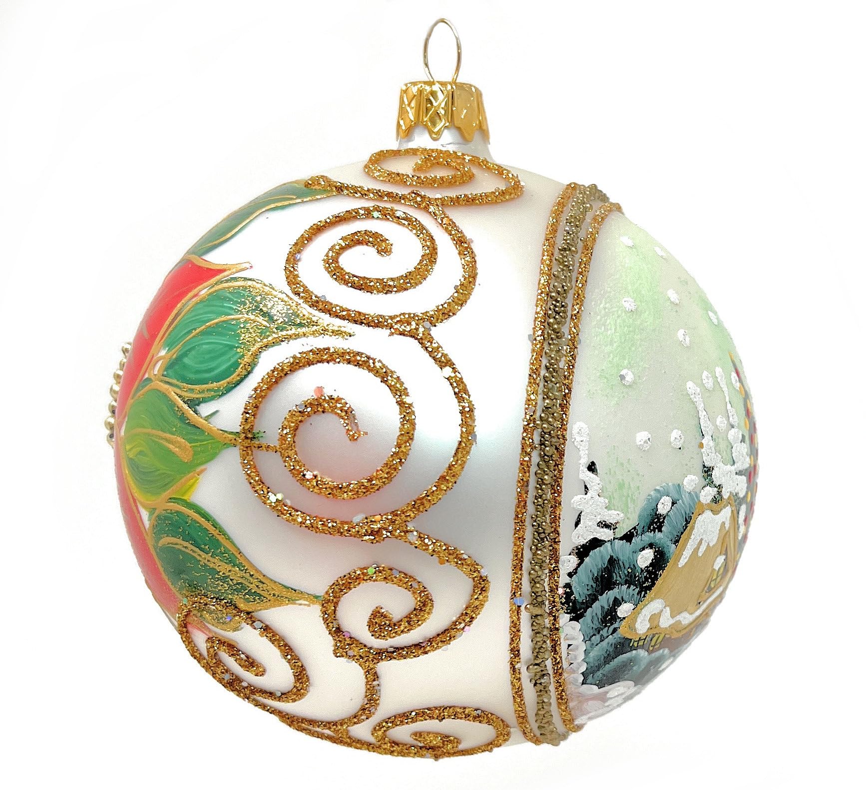 Adorno de Navidad, día invernal con flor de pascua roja, bola de vidrio soplado (plata mate, 120 mm)