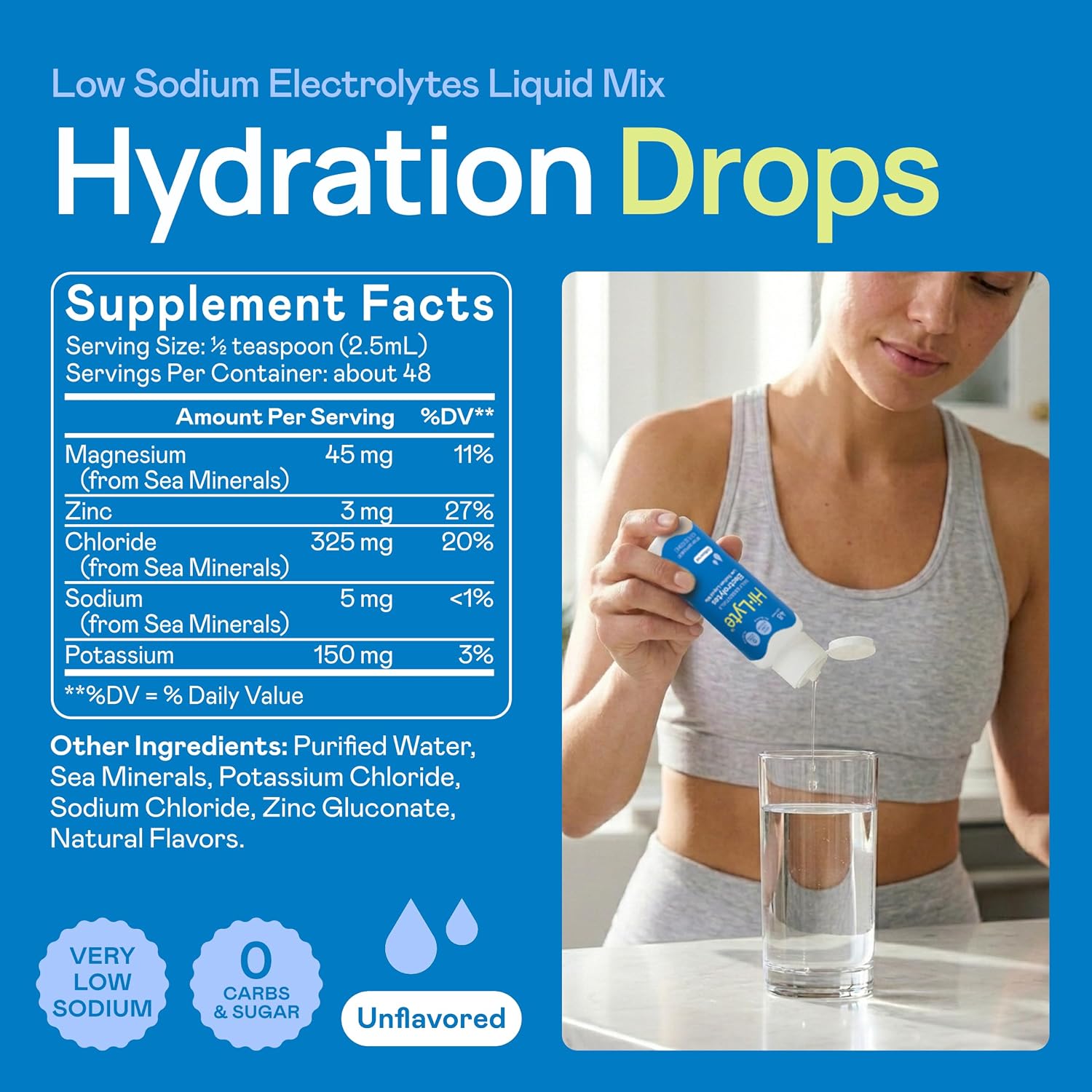 Hi-Lyte Low Sodium Electrolyte Supplement for Immune Support, Fasting and Rapid Hydration | 48 Servings | Magnesium, Potassium, Zinc | Unflavored Mineral Taste Drops image 3