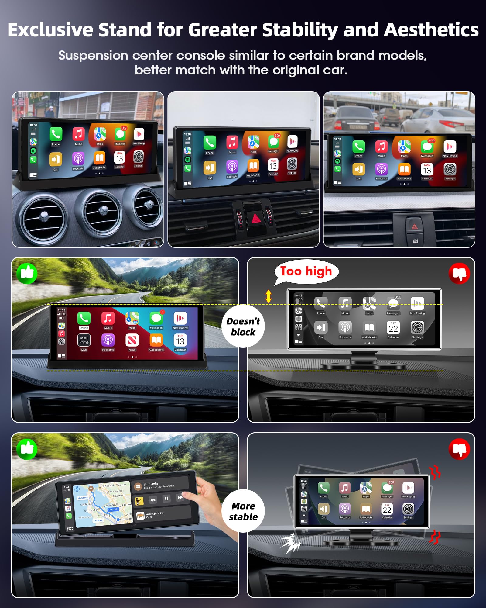 2026 Unique Schermo Carplay Android Auto Display con Supporto di Base, 10,26 Pollici Schermo Auto Carplay con Aggiornamento OTA Super link, GPS Navigation Siri/GoO.gle