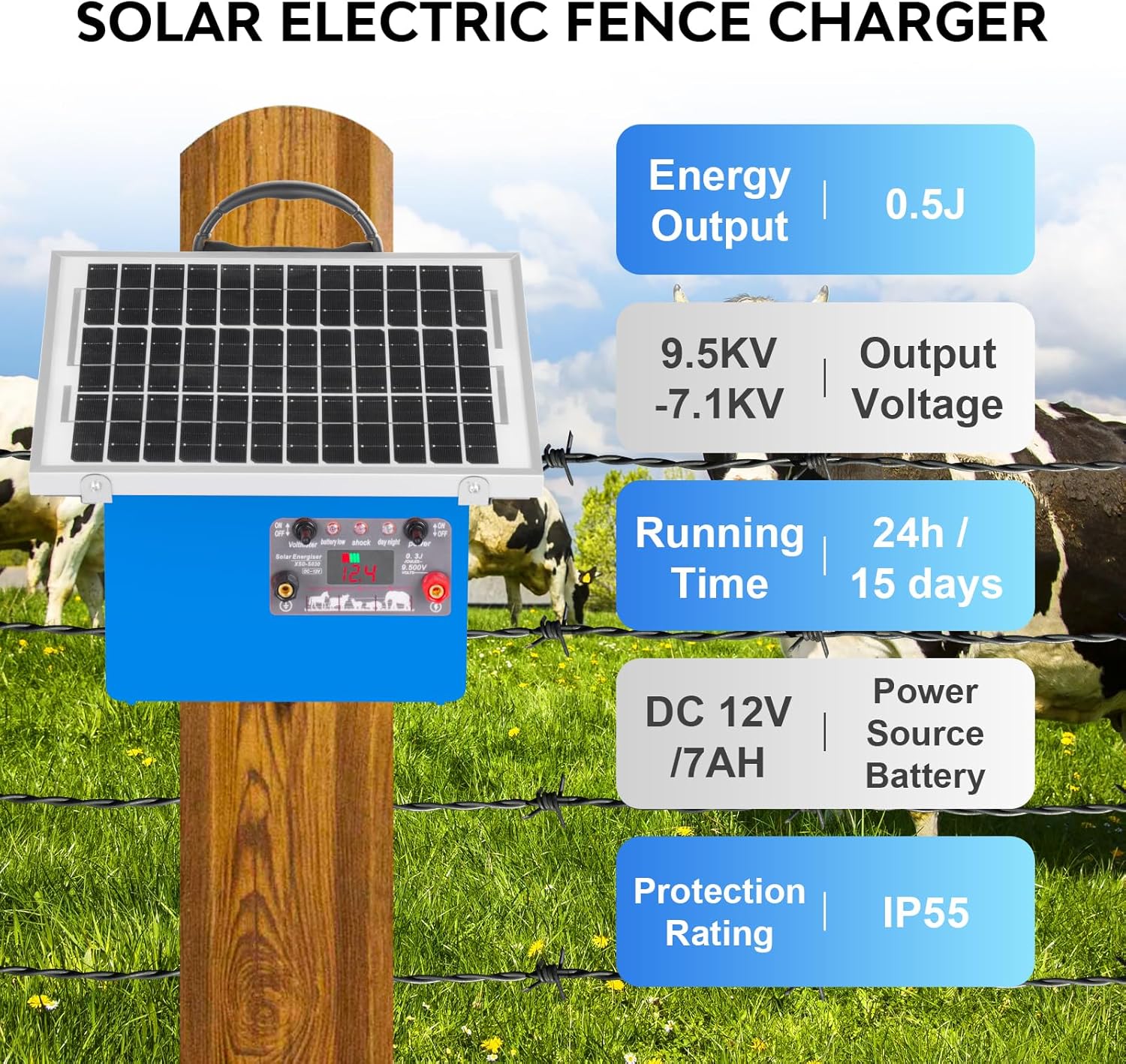 20 Miles Solar Electric Fence Charger,0.5 Joule Electric Fence Kit with 7.5W Solar Panel/7Ah Battery, IP65 Waterproof,Up to 9.5KV Output Portable Solar Fencer for Livestock Poultry