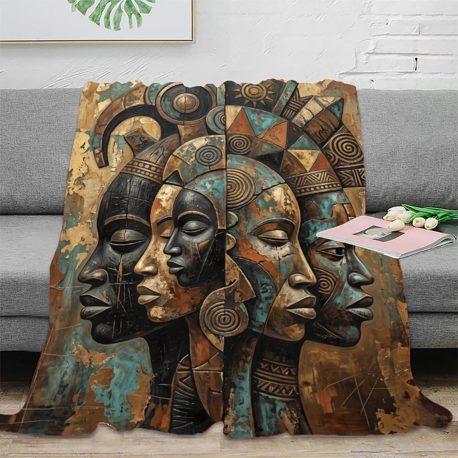 W7C8U2X3 African Mask Portraits Throw Blanket, Flannel, Textured Oil Art