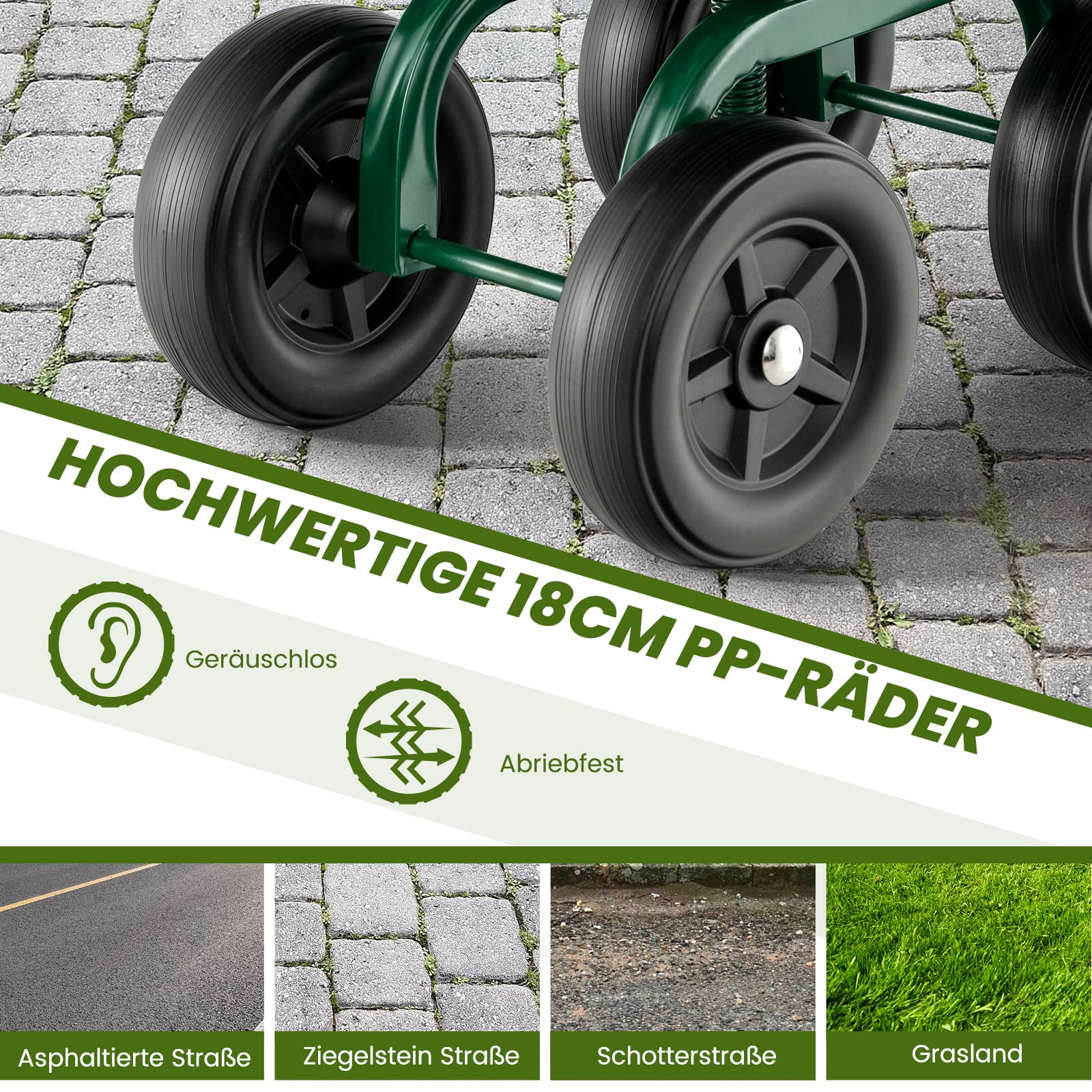 COSTWAY Gartenhocker mit Rollen, Rollsitz für Gartenarbeit, 360 ° drehbar | höhenverstellbar | bis 150 kg | breite Reifen, Gartenwagen zum Sitzen, Gartensitz Garten, Gartenrollsitz Metall, Grün