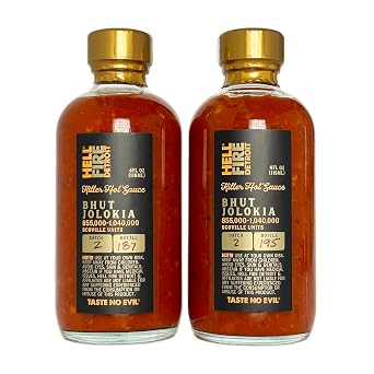 Hell Fire Detroit Bhut Jolokia aka Ghost Hot Sauce Superhot, Limited Edition, Crafted with Fresh, Fire-Roasted Bhut Jolokia Chile Peppers, All-Natural, Vegan, Gluten-Free, Low Sodium 4 Fl Oz Pack of 2