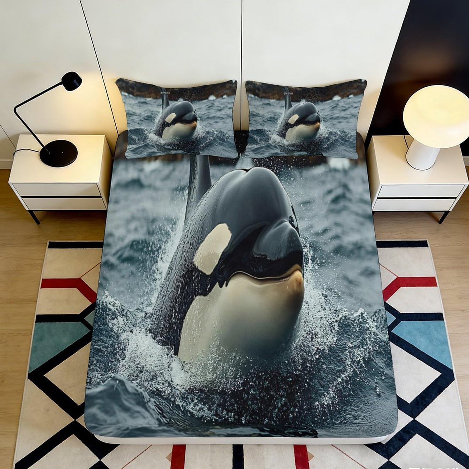 3D Printed Ocean Whale Fitted Sheet Microfiber Deep Pocket Bedroom Bedding Whale Mattress Fitted Cover Elastic Hem Washable for Adults 160x200x25cm