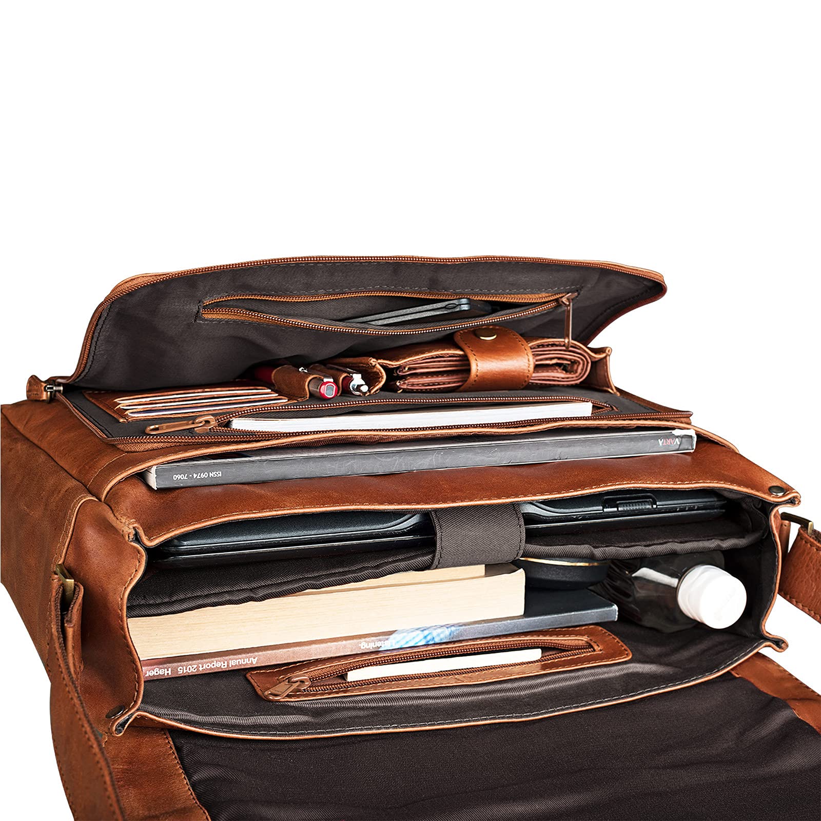STILORD Rick Schultertasche Leder für 15,6 Zoll Laptop Umhängetasche Aktentasche Bürotasche Unitasche Büffel-Leder Farbe:Cognac - Hellbraun