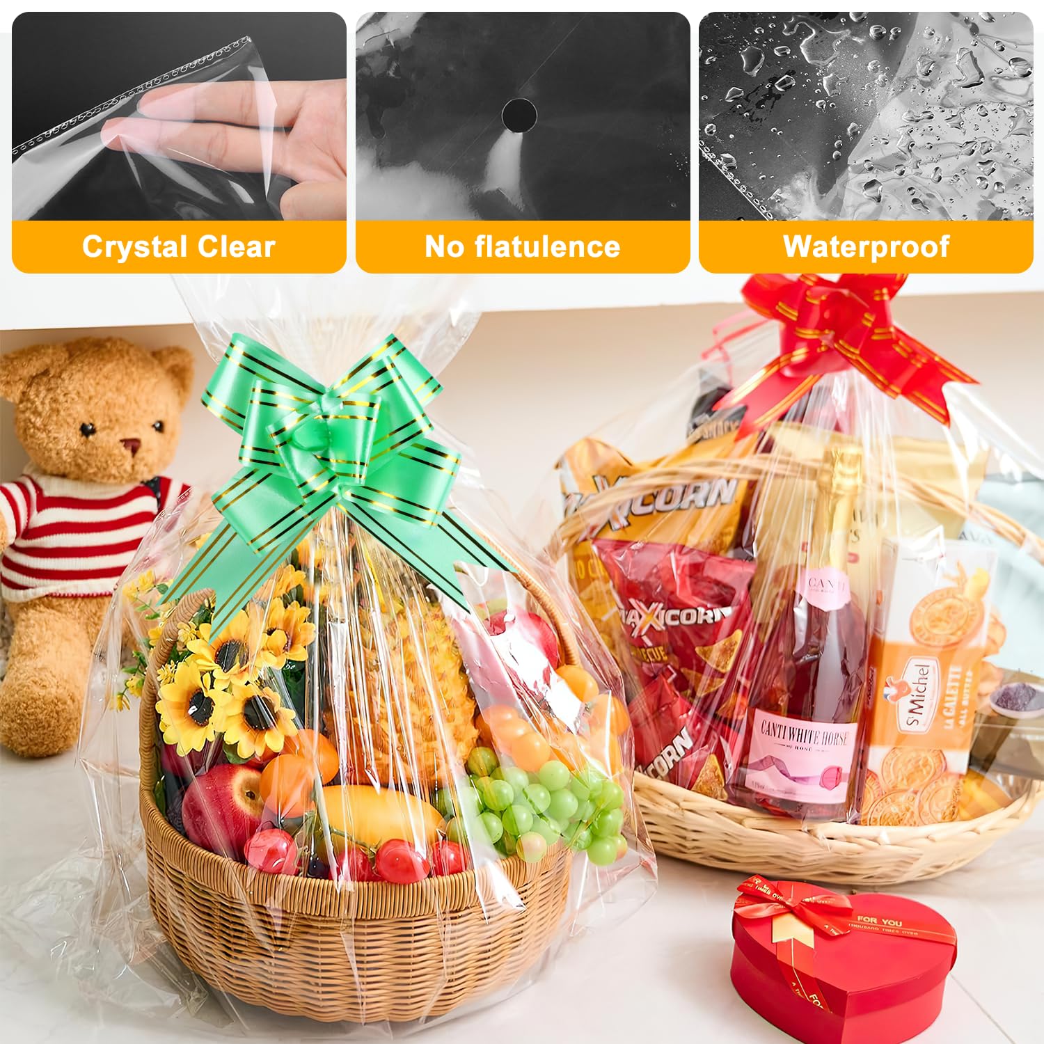 Bolsas de Celofán 90x60cm Grandes Transparente Bolsa Celofan Transparentes Con Cinta de Arcos y Cintas Metálicas para Regalos Embalaje Cestas Flores Manualidades y Ramos de Navidad (60x90cm)
