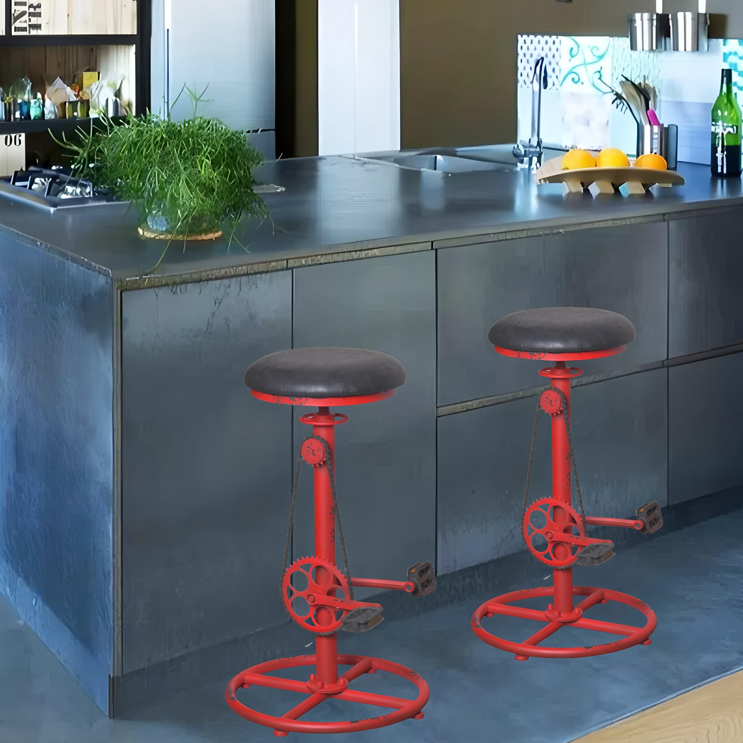Taburete de bar vintage para bricolaje, cadena de bicicleta, pedal de hierro, retro, industrial, altura ajustable, diseño de rueda de bicicleta, juego de 2 sillas de barra color rojo antiguo 5