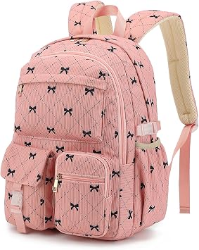 School Backpack for Teen Girls Boys, Corduroy Kids Elementary Middle High School Bags, Lightweight Laptop Back Pack Women Travel Daypacks - Bow Pink