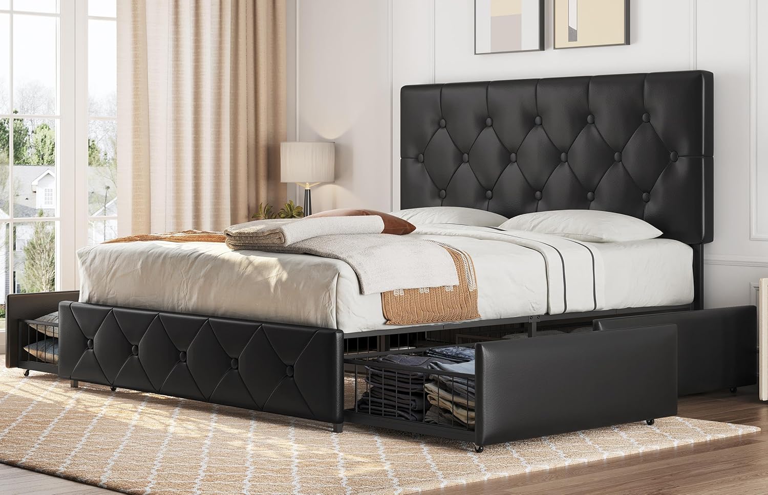 Yaheetech 5ft King Bed Frame Upholstered Platform Bed with Adjustable Diamond ButtonTufted
