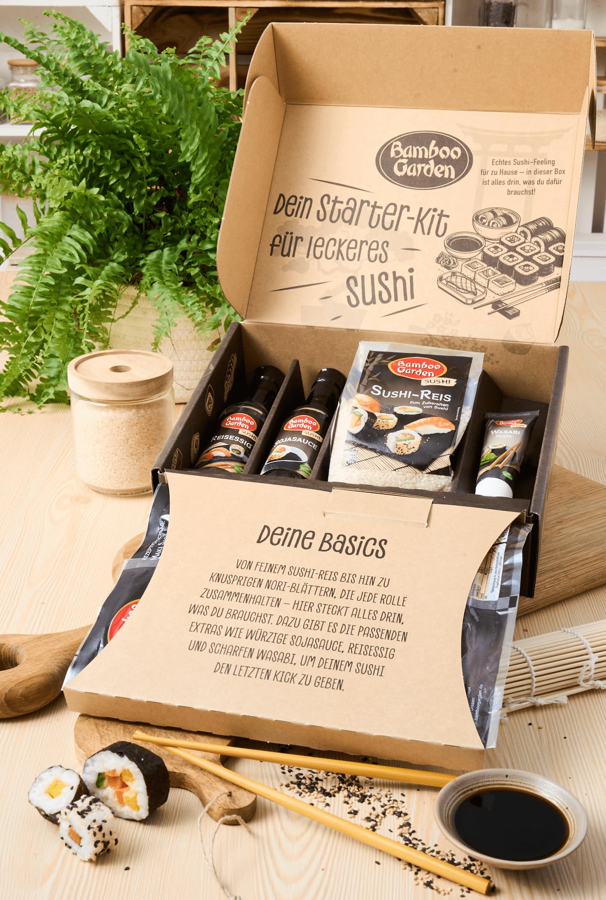 Bamboo Garden - Sushi Box | 8-teiliges Komplett-Set zum Selbermachen von Sushi mit Zutaten, Equipment und Rezeptkarte | Ideal für Einsteiger, zum Ausprobieren oder als Geschenk