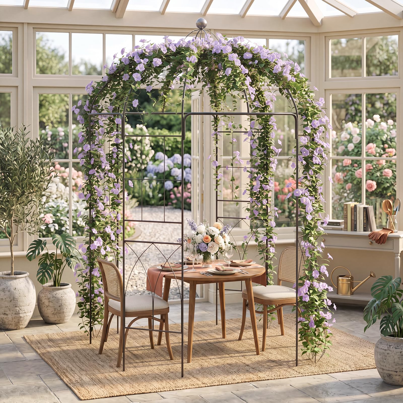 GYMAX Arche de Jardin Rosier en Forme de Cage à Oiseaux, Tonnelle en Métal pour Plantes Grimpantes, Treillis Verticaux, Cadre Métallique Robuste, Décoration pour Repas, Fête, Mariage, 203 x 296 cm