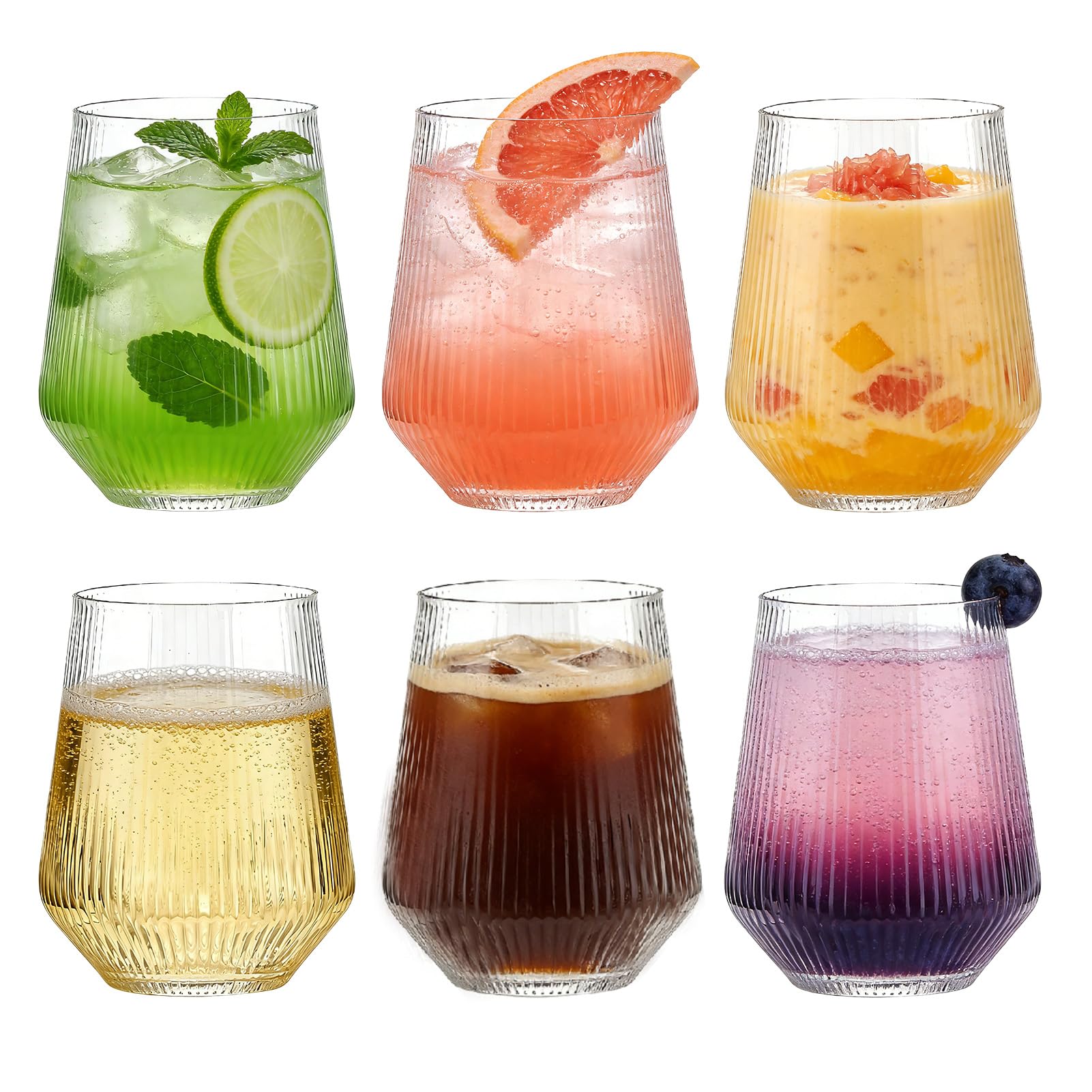 Set of 6 460ml Ribbed High Wine Glasses ，Lead-Free,Versatile Drink Glasses for Water Cocktails and Beverages, Perfect for Casual Gatherings and Formal Dinners