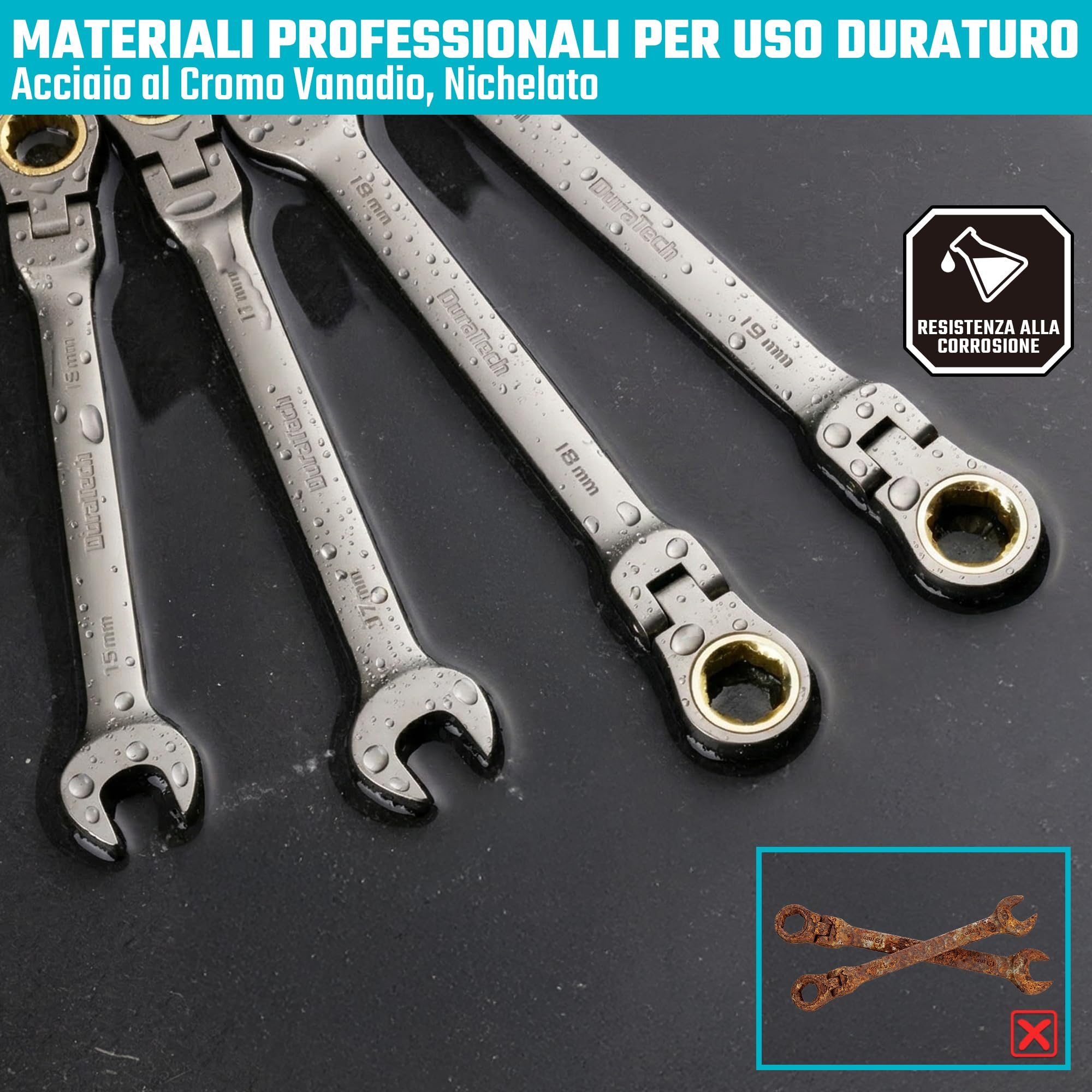 DURATECH Set di chiavi a cricchetto con testa flessibile antiscivolo, set di chiavi combinate, 12 pezzi, 72 denti, metrico, 8-19 mm, acciaio CR-V, organizzato in valigetta di stoccaggio