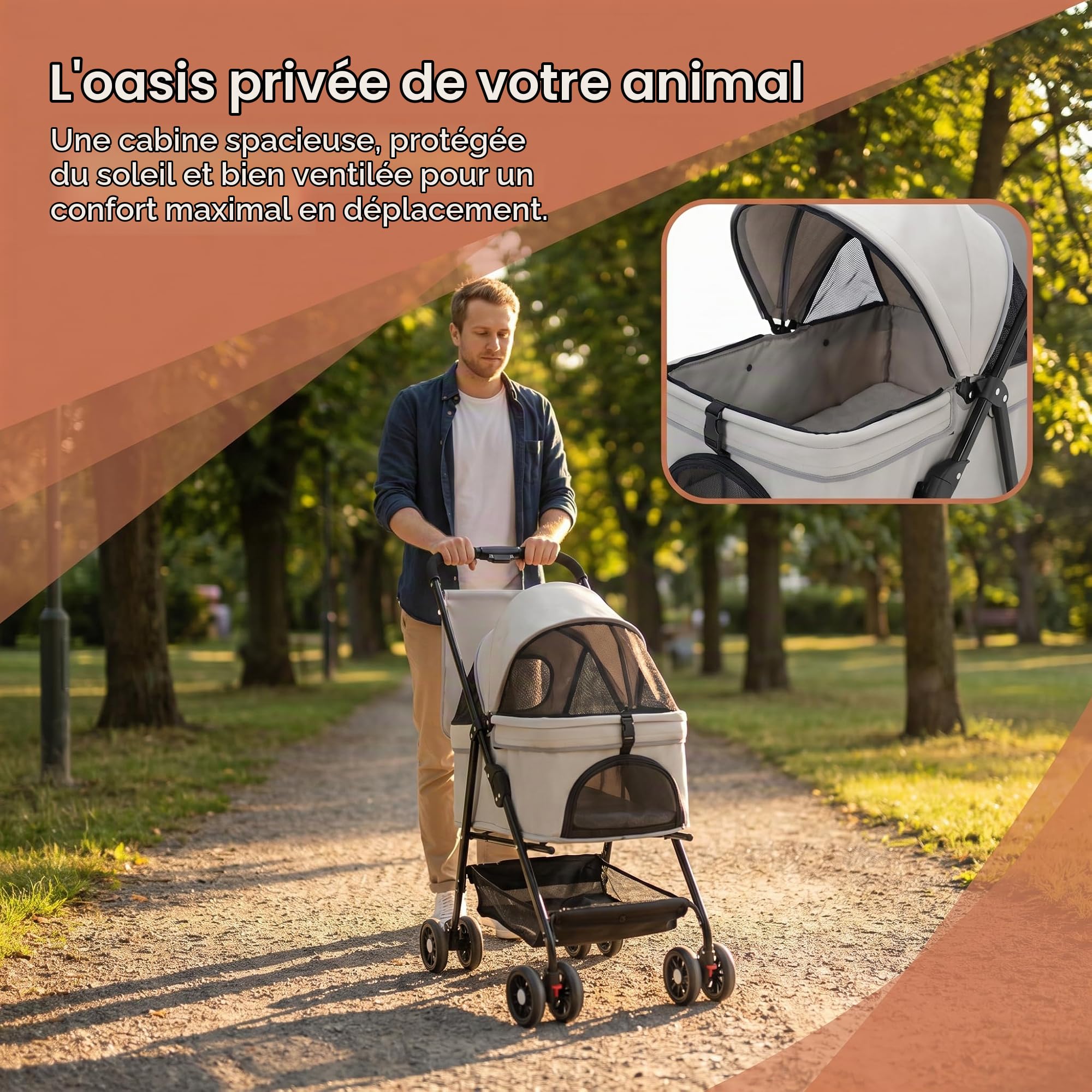 Poussette pour chien 3 en 1, pliable, avec sac de transport amovible, pour chiens et chats jusqu'à 20 kg, panier de courses et sac suspendu, fenêtre en maille avec ouverture d'alimentation, pliable