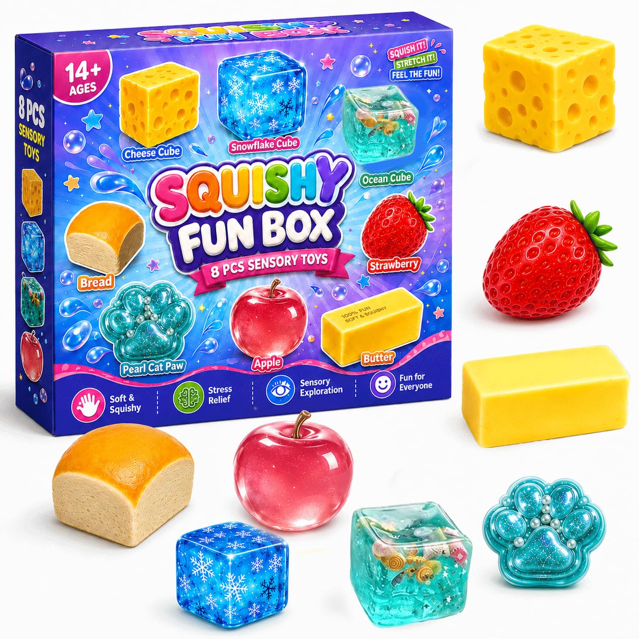 8Pcs Squishy Fun Box Set, 2026 Squeeze Fidget Kit with Big Mini Real Squishies, Soft Stretchy Sensory Pack for Adults Teens Anxiety Stress Relief, Cute Desk Decor & Surprise Holiday Birthday Gift
