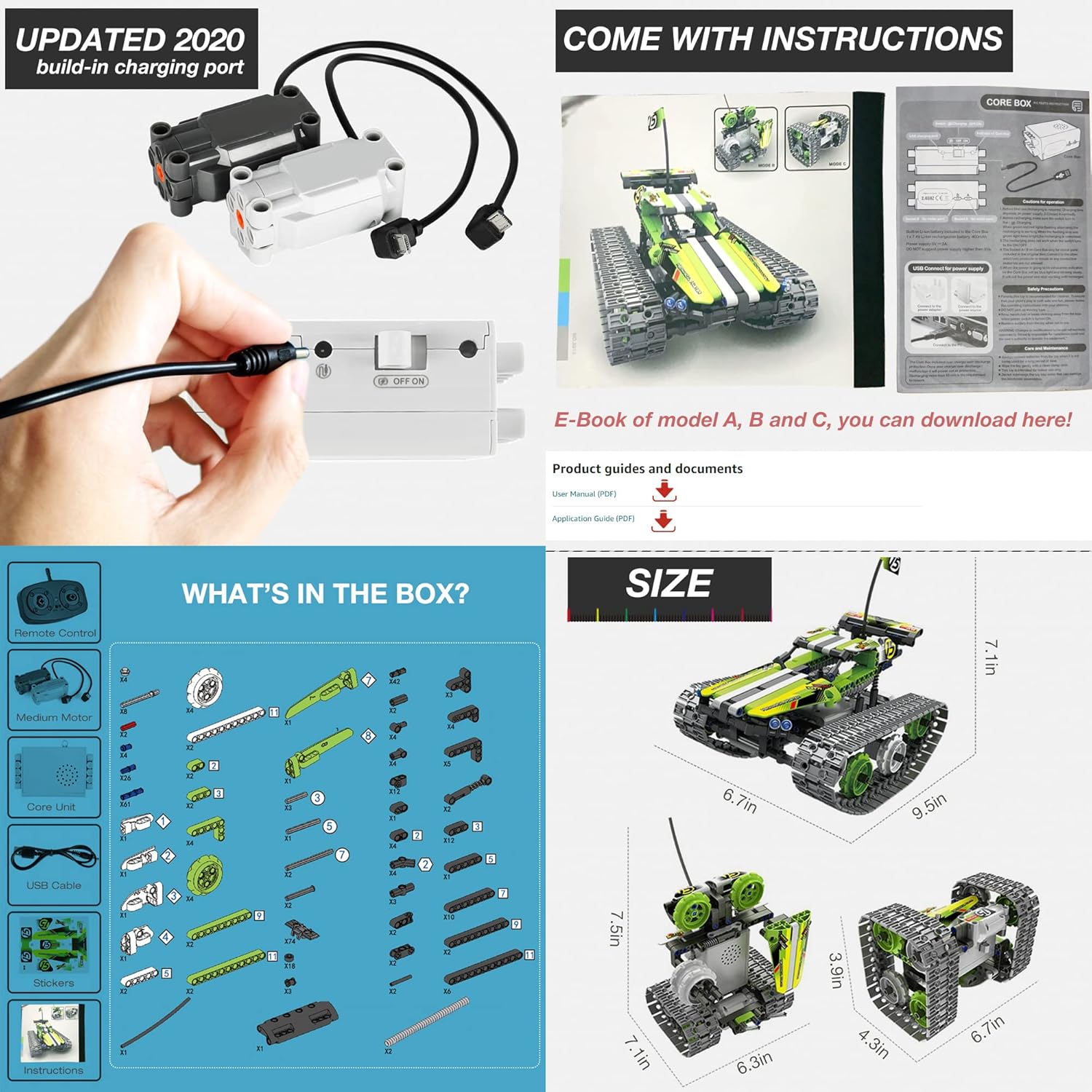 BIRANCO. Remote Control Tracked 3in1 Stunt Racer Building Toy with Power Functions Motor Set for Kids - RC Car Building Kit Gift for Boys, and Girls Ages 8, 9, 10, 11, 12+ Year Old (353 Pcs) Green