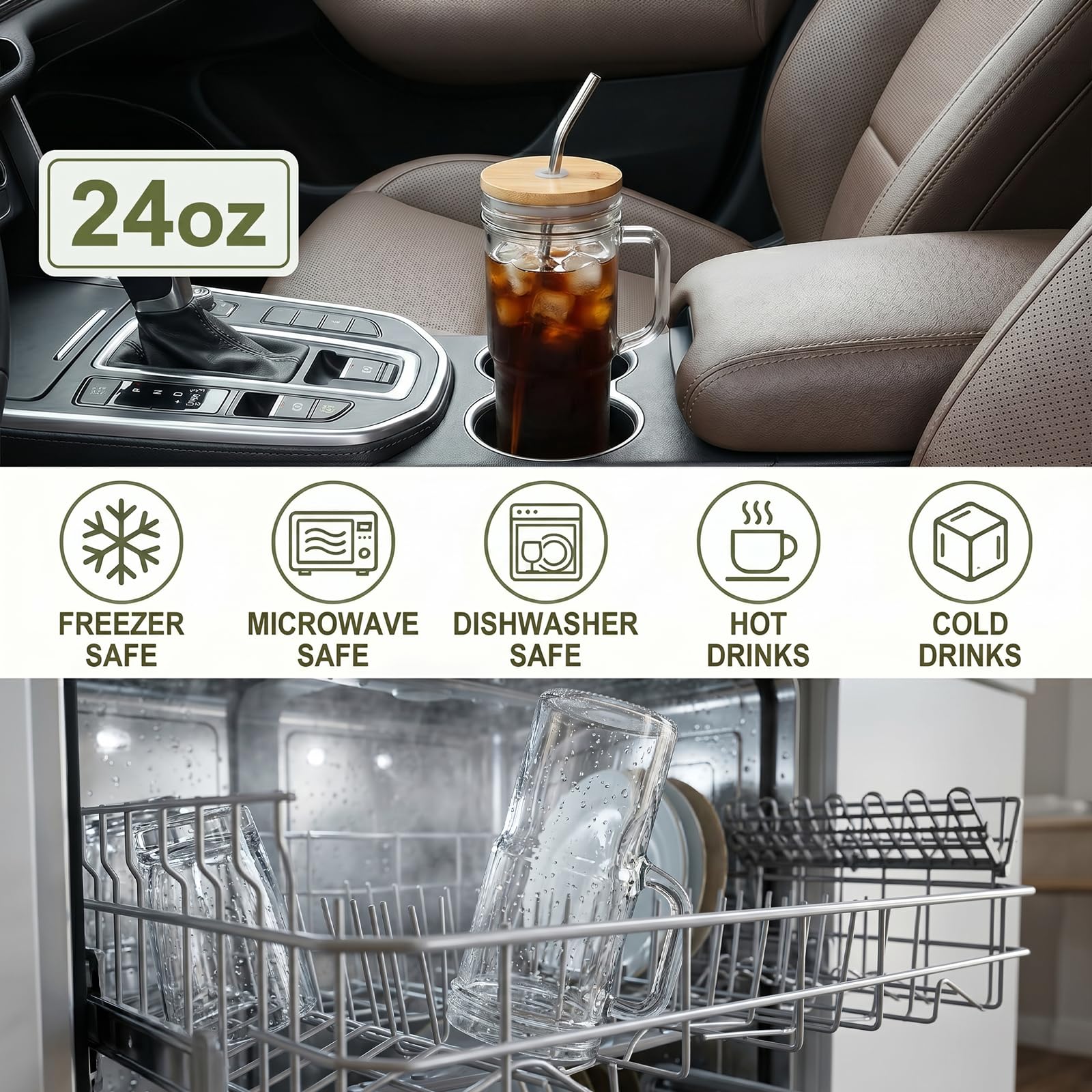 Yesland Glasbecher mit Griff, 680 ml, Einmachglas mit Bambusdeckel und Strohhalmen, wiederverwendbare Kaffeetassen, Trinkgläser für Eiskaffee, Smoothies, Bier, Saft und Bubble Tee, Geschenk, 4 Stück