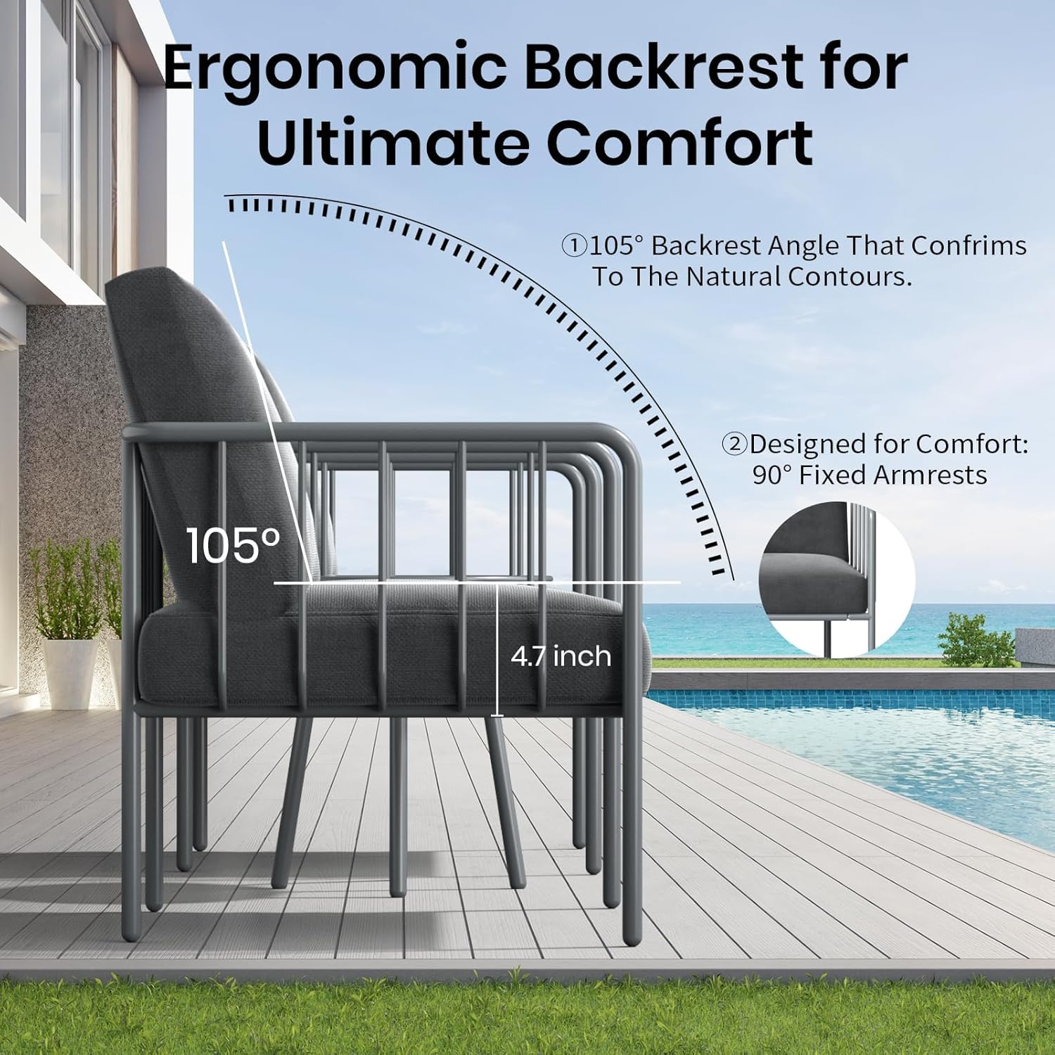 BUPPLEE 4 Piece Patio Porch Furniture Set with 4.7" Ultra-Thick Cushions, Metal Outdoor Conversation Set with Coffee Table, Loveseat & 2 Chairs for Balcony, Porch, Garden (Dark Grey)