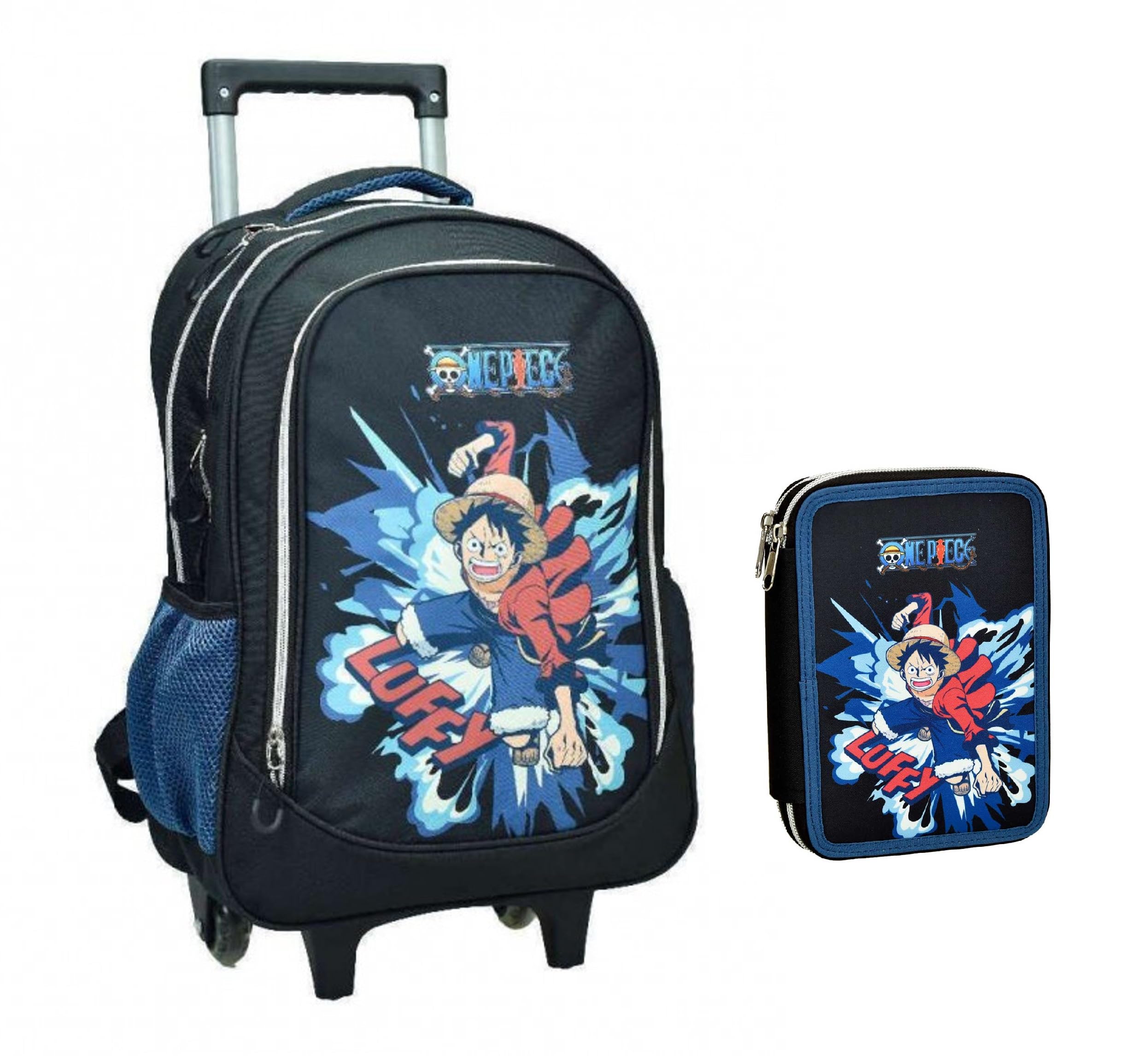 PRESTIGE & DELUXE Zaino Scuola 0ne Piece Nero Tondo 3 Scomparti zip per bambini primaria media + Astuccio 2 piani completo
