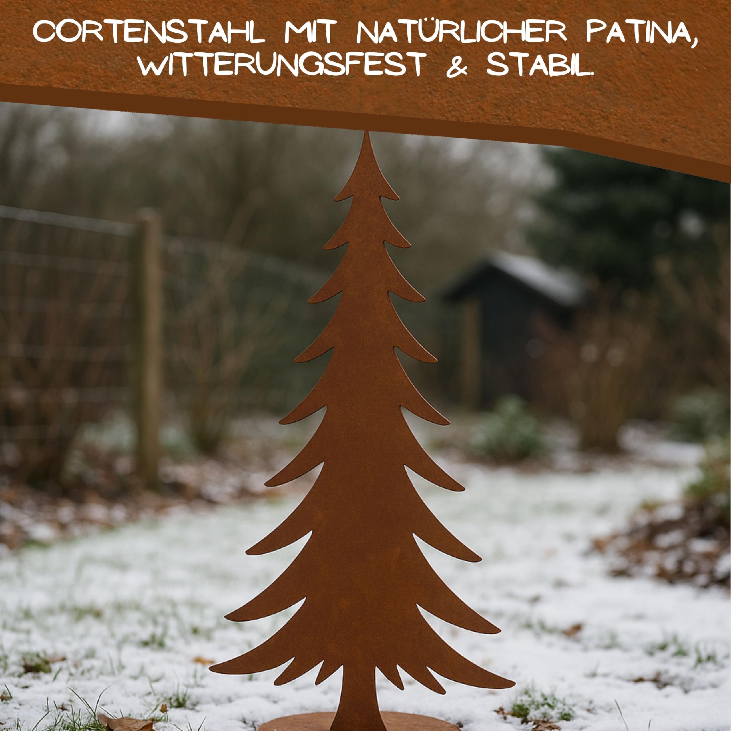 Rostikal Tannenbaum 100 cm – Weihnachtsdeko Outdoor aus Cortenstahl Edelrost – wetterfeste Garten Deko Metall auf Bodenplatte 30 cm – Gartendeko Rost für außen und innen
