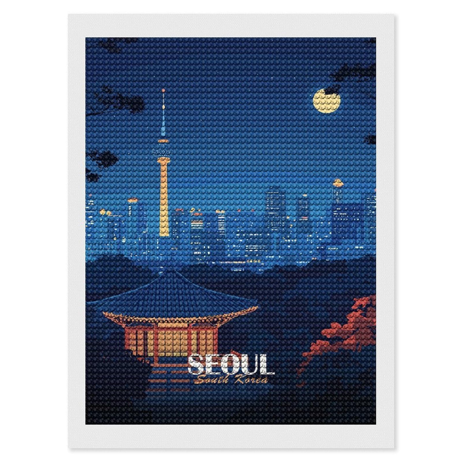 Junmoney Seoul Cityscape at Night Diamond Art Canvas 12"x16", for Adults, Good for Quiet Evenings, Bedroom Decor, Festive Craft Gift, Easy to Enjoy