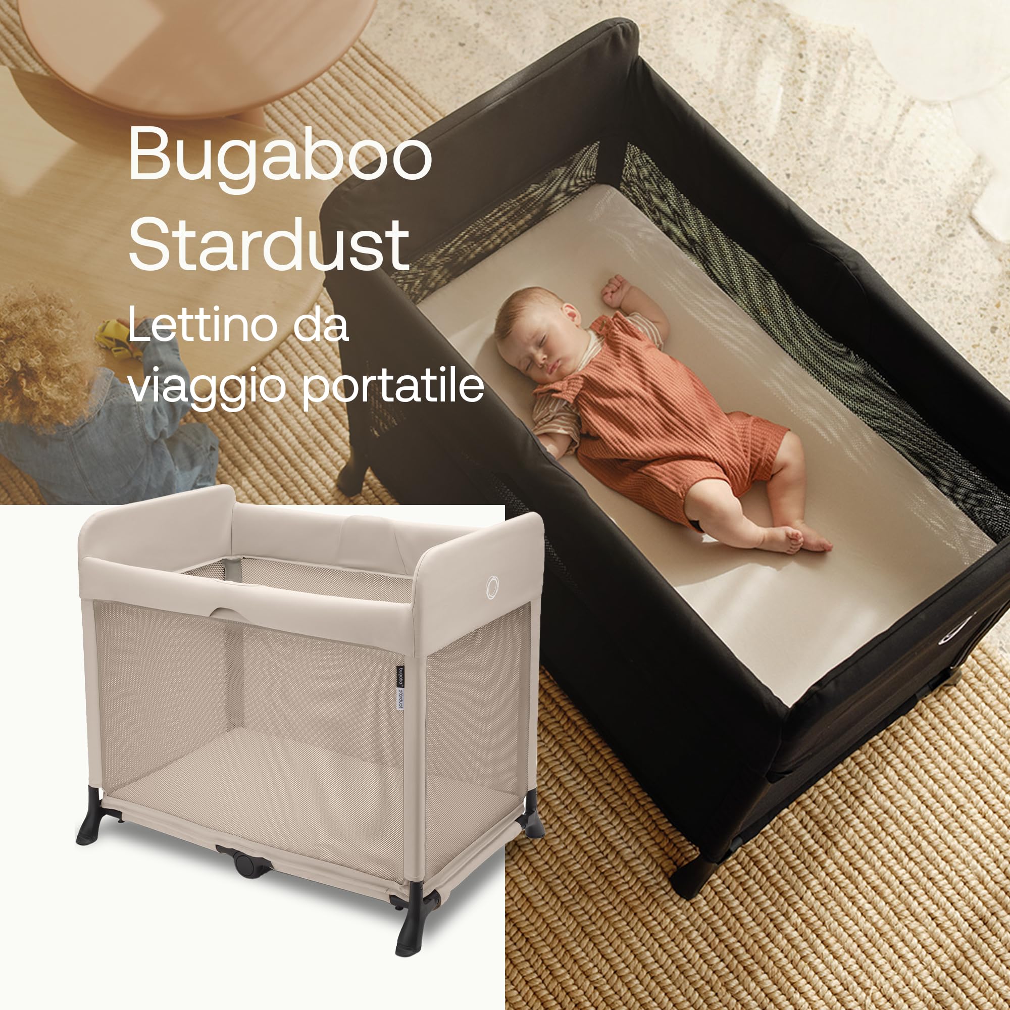 Bugaboo Stardust, 2 in 1: Parco giochi pieghevole e lettino da viaggio compatto con materasso, distribuito in 1 Secondo, Borsa da trasporto, Dai neonati ai bambini piccoli, Desert Taupe