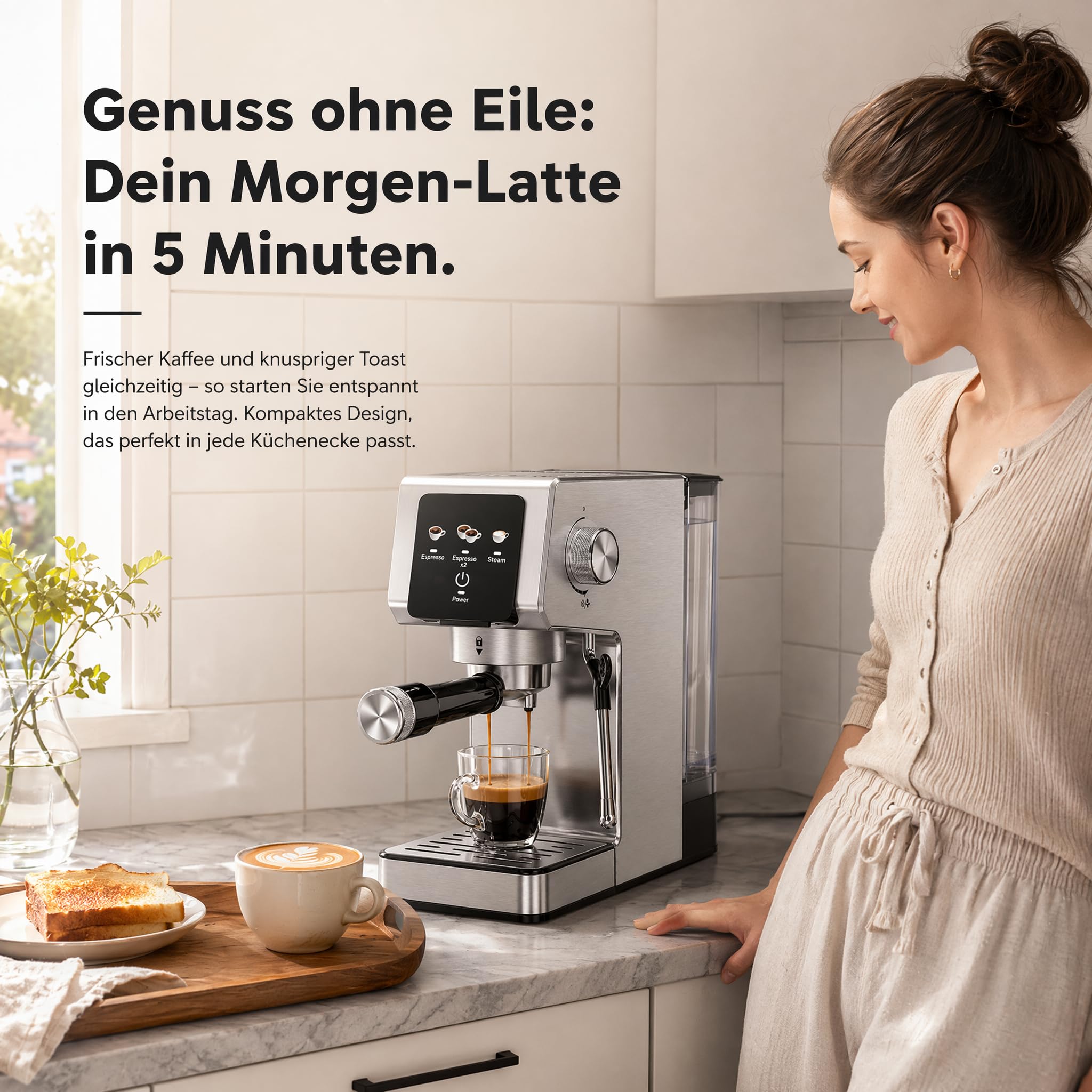 Espressomaschine 20 Bar Siebträgermaschine mit Touchscreen, 1350W Kaffeemaschine mit Milchaufschäumer, 1,2L Wassertank, Einzel- & Doppelshot