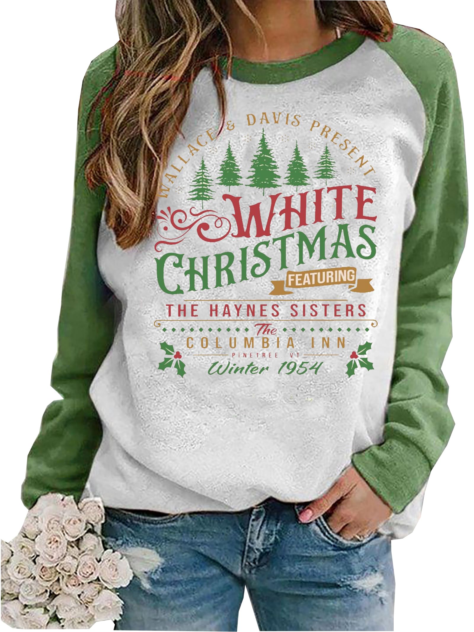 BOMYTAO White Christmas Sweatshirt for Women Winter 1954 The Haynes Sisters Pullover Christmas Tree Snowflake Graphic Tops