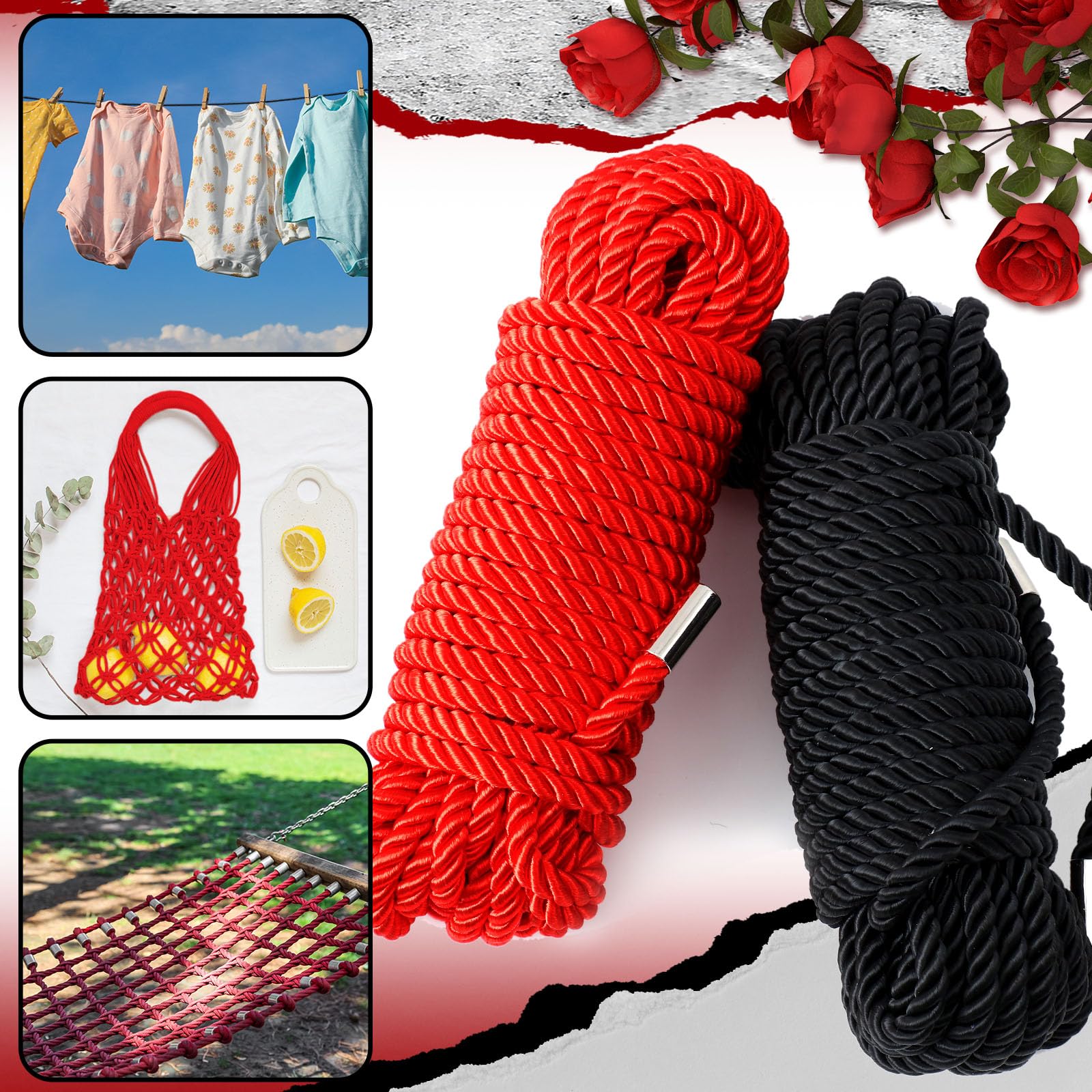Tisancy 4 Pcs Multifunctional Craft Cord Kit with 2 Soft Silk Macrame Cords and 2 Adjustable Nylon Bracelets, 32.81 ft Twisted Trim Cord for DIY Crafts and Home Decoration(): Black, Red