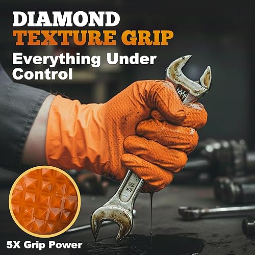 Miniatura 4 de TitanFlex Thor Grip - Guantes industriales de nitrilo naranja con textura de diamante elevado, 8 mil, sin látex, sin polvo