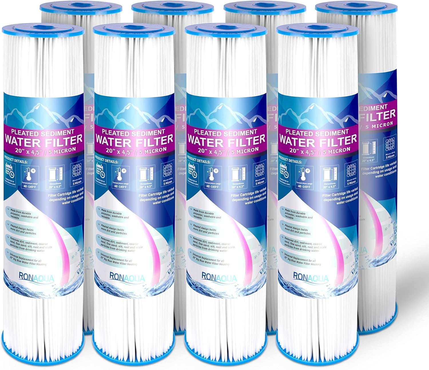 Big 20 x 4.5 inches Pleated Washable & Reusable Sediment Filter 5 Micron Amplified Surface Area, Removes Sand, Dirt, Silt, Rust, Extended Filter Life for 20 Big Housing (Set of 8)