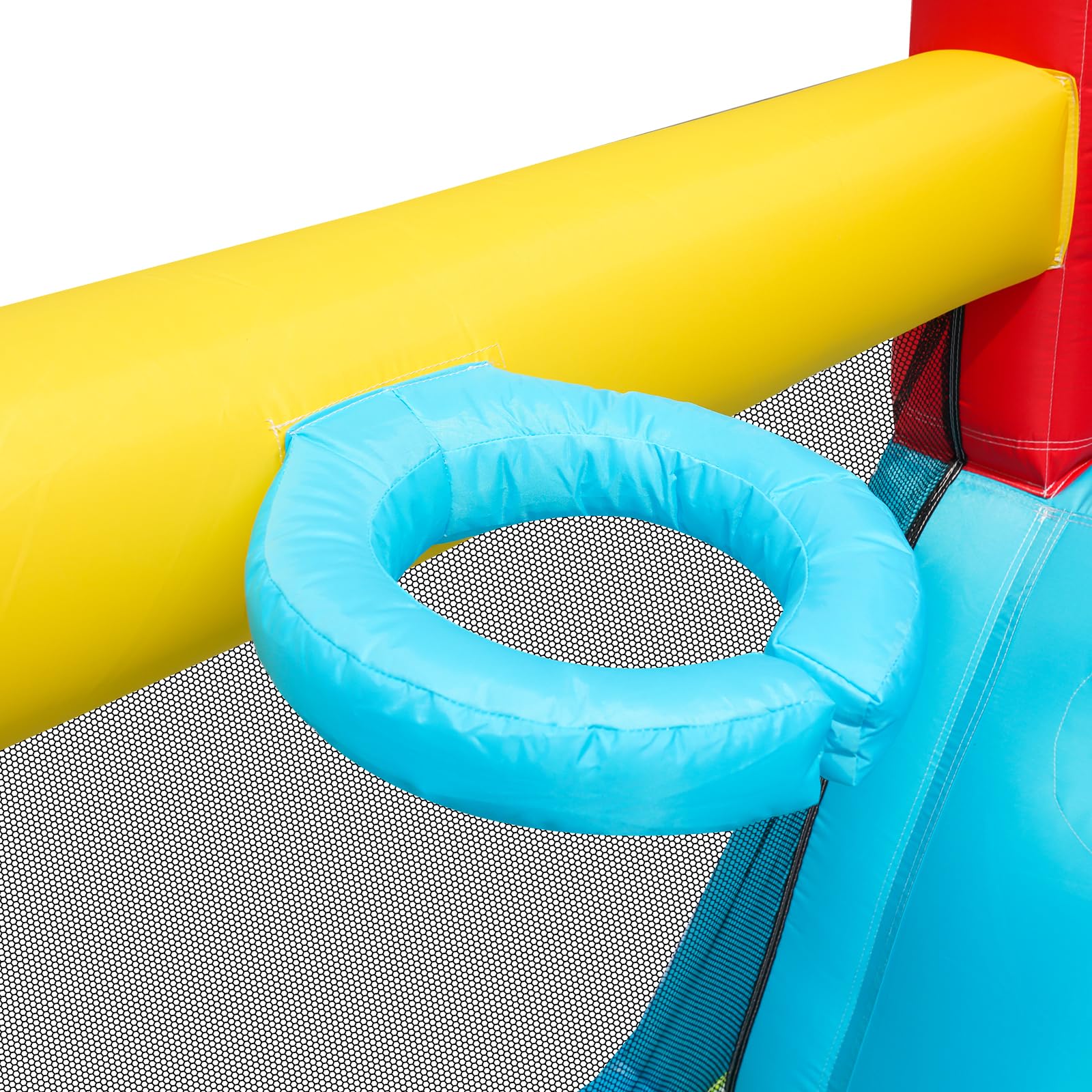 Castello Gonfiabile Multifunzionale da Esterno con soffiatore, Scivolo Acquatico + Trampolino + Canestro da basket+ Pistola Acqua, 2 aree Piscine, Scivolo Grande e Piccolo, Parco Acquatico per Bambini