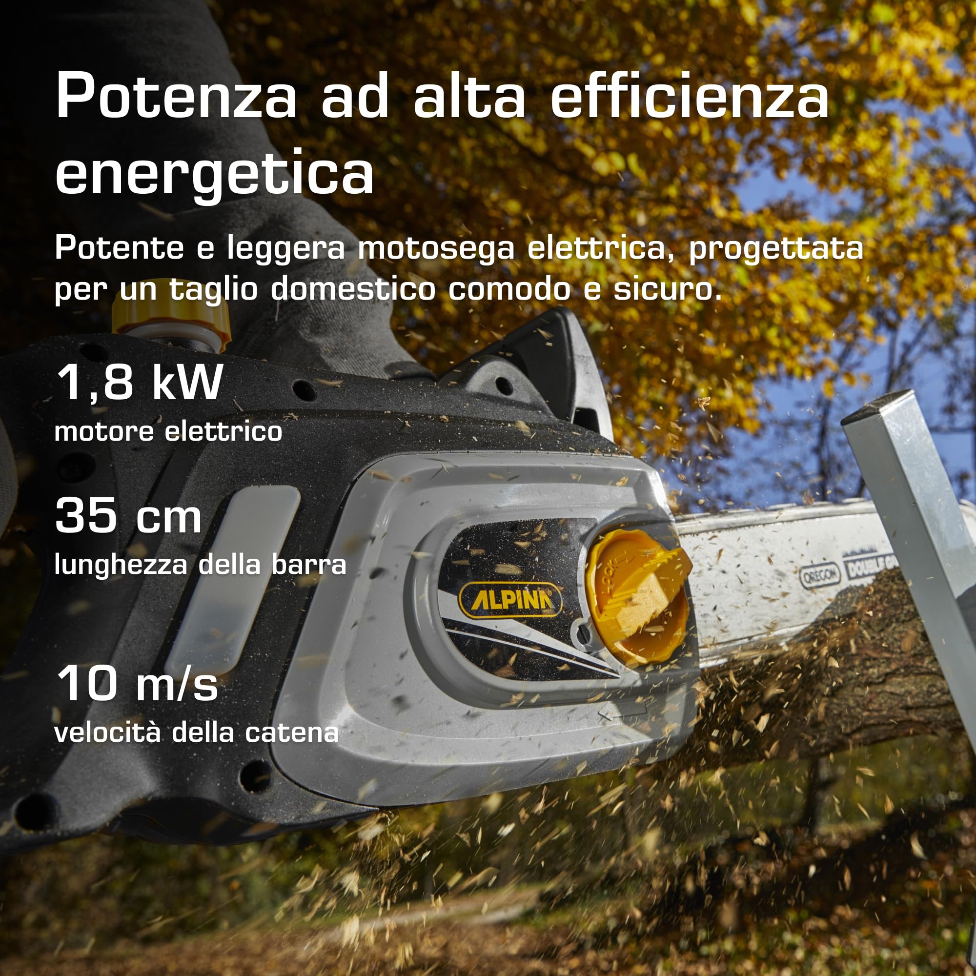 Alpina ACS 181 E Motosega Elettrica, 1800 W, 35 cm – Freno Catena Doppia Azione, Lubrificazione Automatica – Uso Domestico