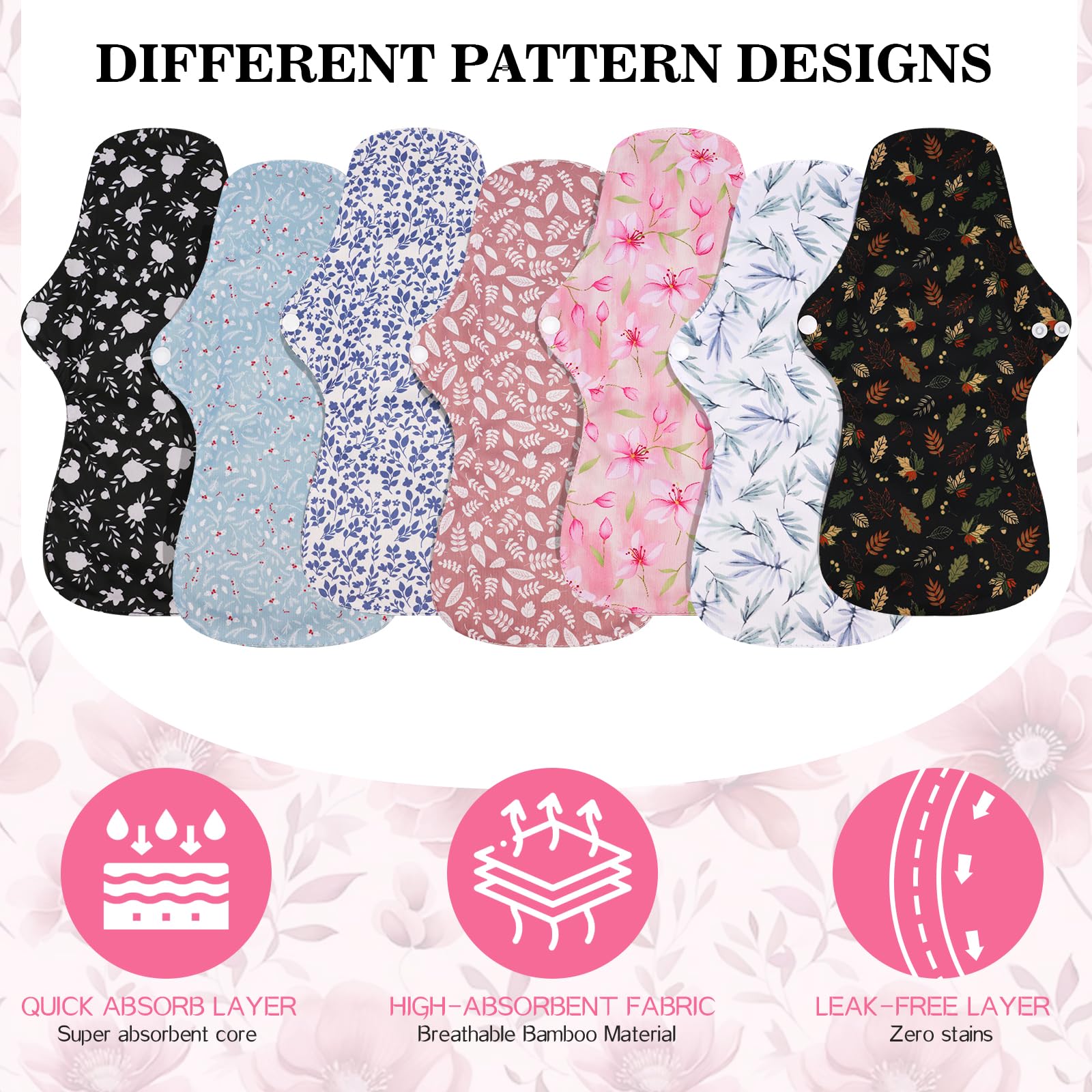 PHOGARY 7 Pack Reusable Menstrual Pads Large Sanitary Pads Set for Heavy Flow with 1 Wet Bag, Washable Overnight Cloth Panty Liners with Wings for Women, 33cm