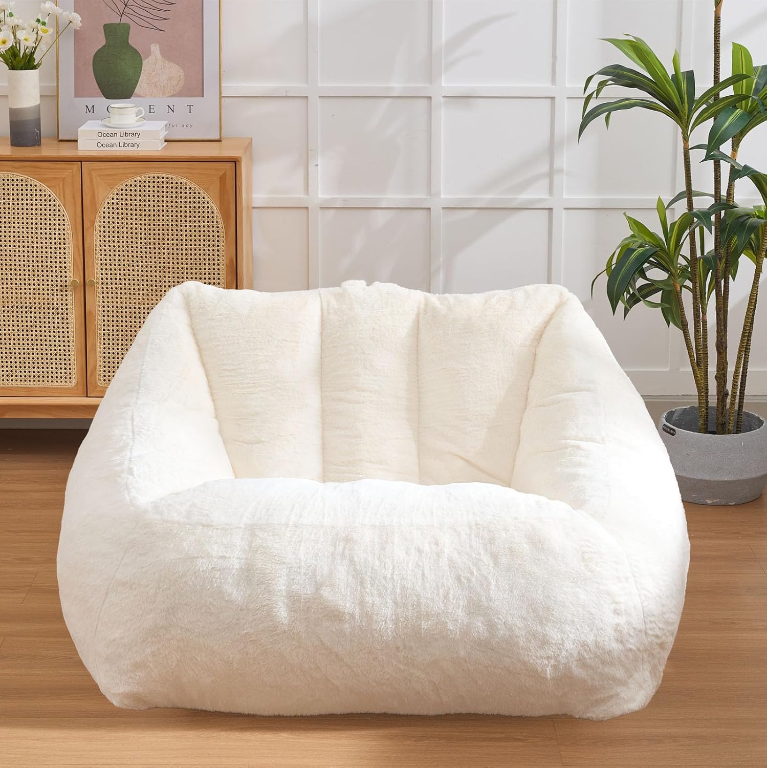 Silla Puff Gigante Somferic Beige, Forma de Concha, Relleno de Espuma