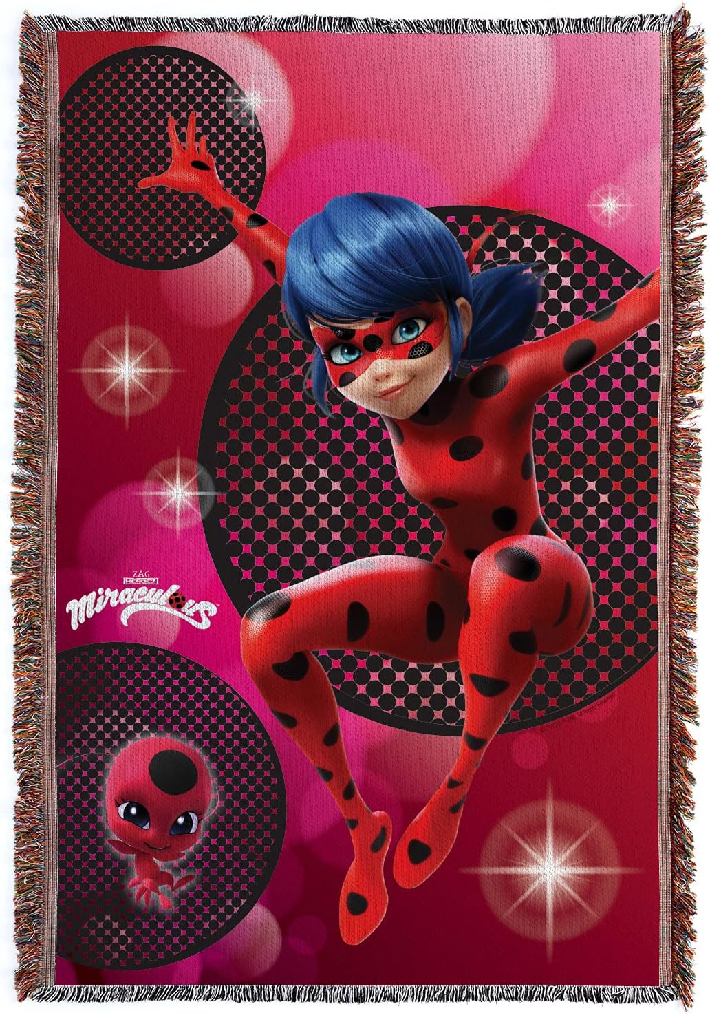 Miraculous Ladybug and Tikki Personalized Throw Blanket with Rainbow Colored Fringe and Custom Name Printed for Bedroom or Play Area, 54" x 38"