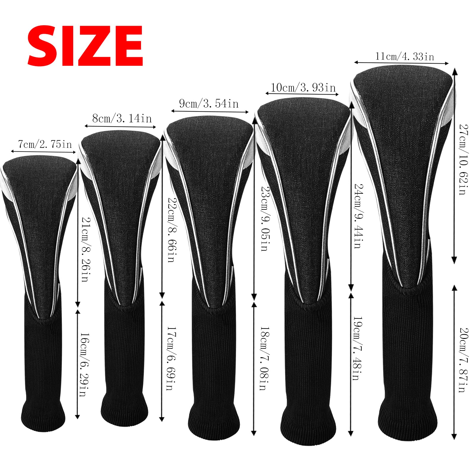 Andux Set di 5 coperture per mazze da golf in nylon, per mazze da golf, 460 cc, con collo lungo