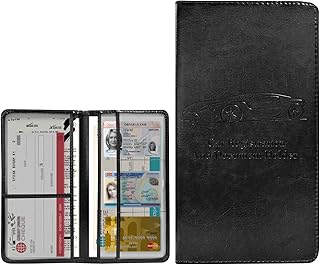 Car Registration Insurance Card Holder, PU Leather Vehicle Paperwork Glove Box Organizer with Magnetic Shut, Essential Document Wallet Case Insurance Holder for Women Men (Black)