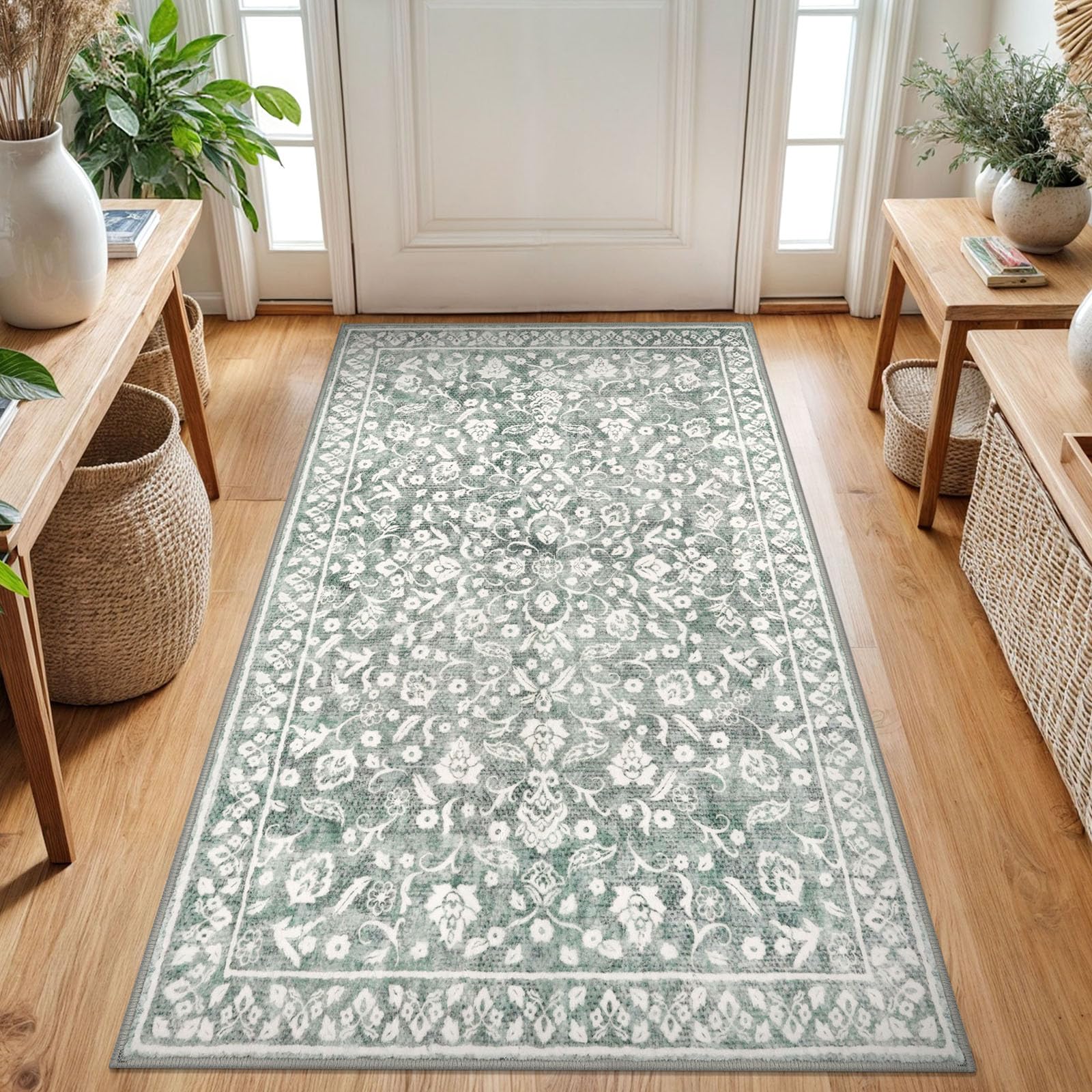 SILOLOOM Vintage 3x5 Washable Rug for Entryway, Super Soft Sage Green Grey Entryway Rug with Non-Slip, Printed Faux Wool Floral 3x5 Area Rug Thin