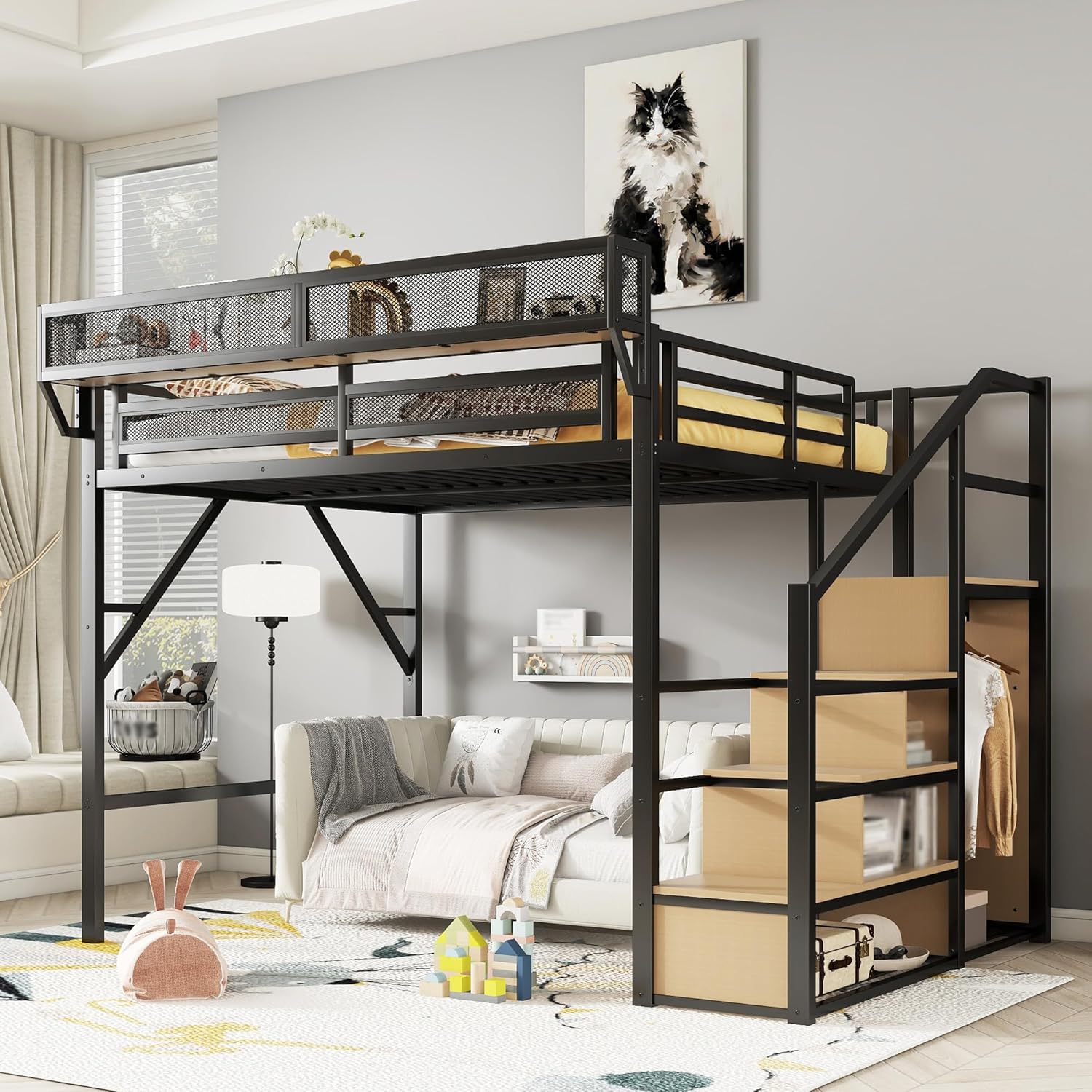 Queen Size Loft Bed, Modern Metal Queen High Loft Bed with Storage Shelves and Wardrobe, Durable Bed Frame with Safety Guardrails and Staircase, Space-Saving Design for Bedroom Dorm Apartment, Black