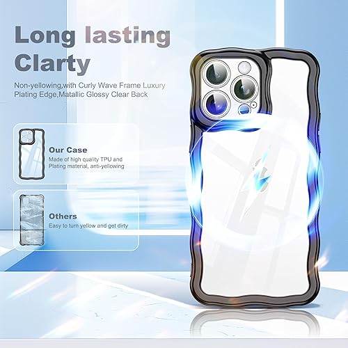 Miniatura 3 de Funda compatible con iPhone 14 Pro Max, diseño de onda rizada kawaii, borde chapado de lujo, elegante parte trasera transparente brillante, TPU