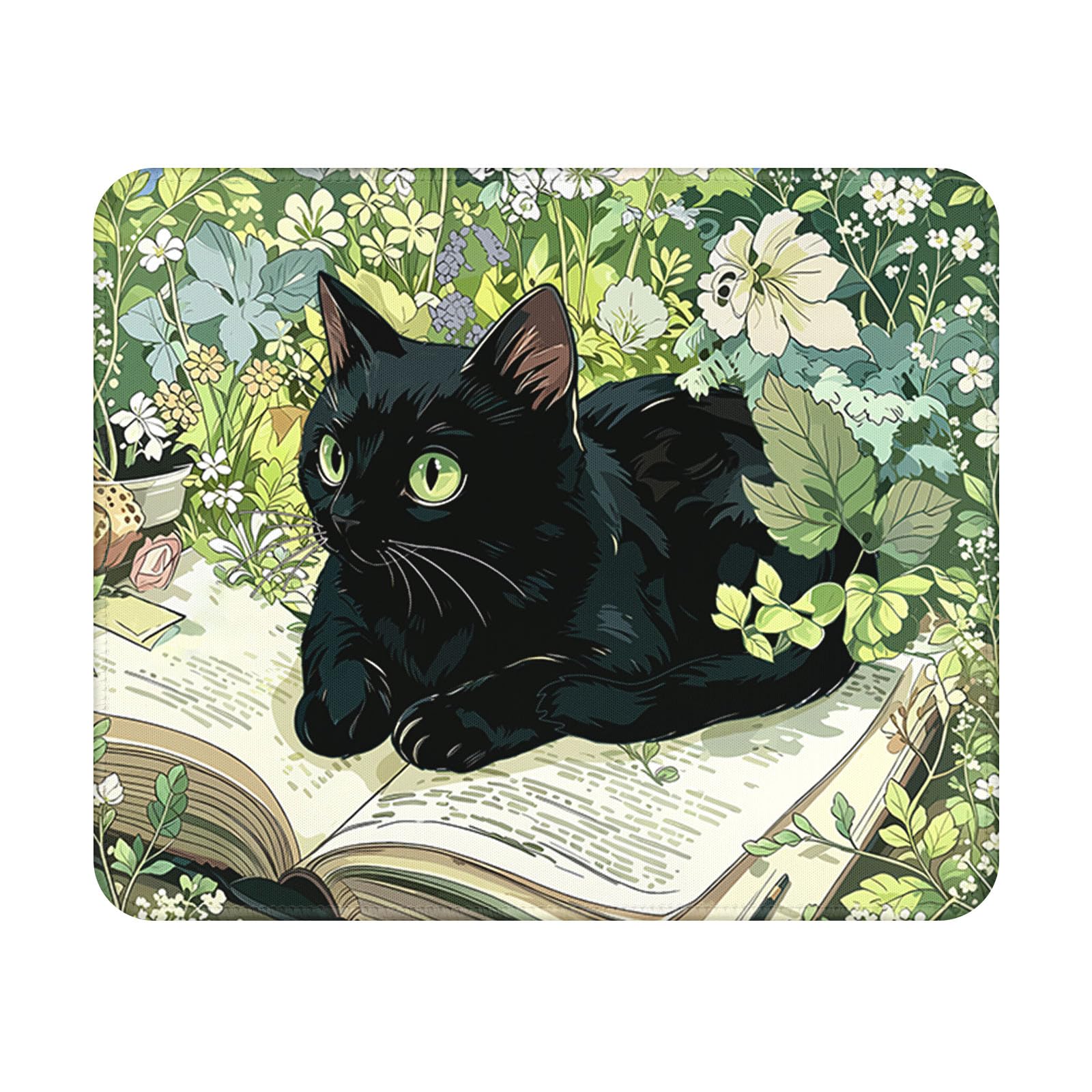 Green Floral Cat Mouse Pad 9.5x7.9 Inch with Anti-Slip Rubber Base