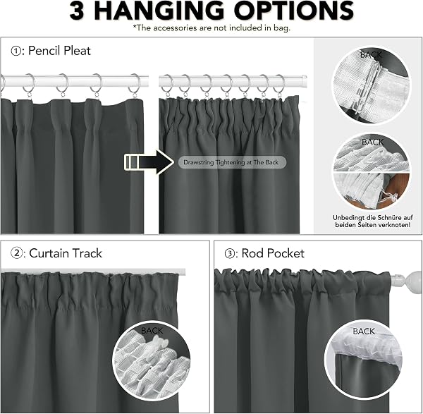 Deconovo Vorhänge mit Kräuselband Blickdicht Kälteschutz Vorhang Verdunkelung Gardinen Wohnzimmer, 175x140 cm(HöhexBreite), Dunkelgrau, 2er Set - 3