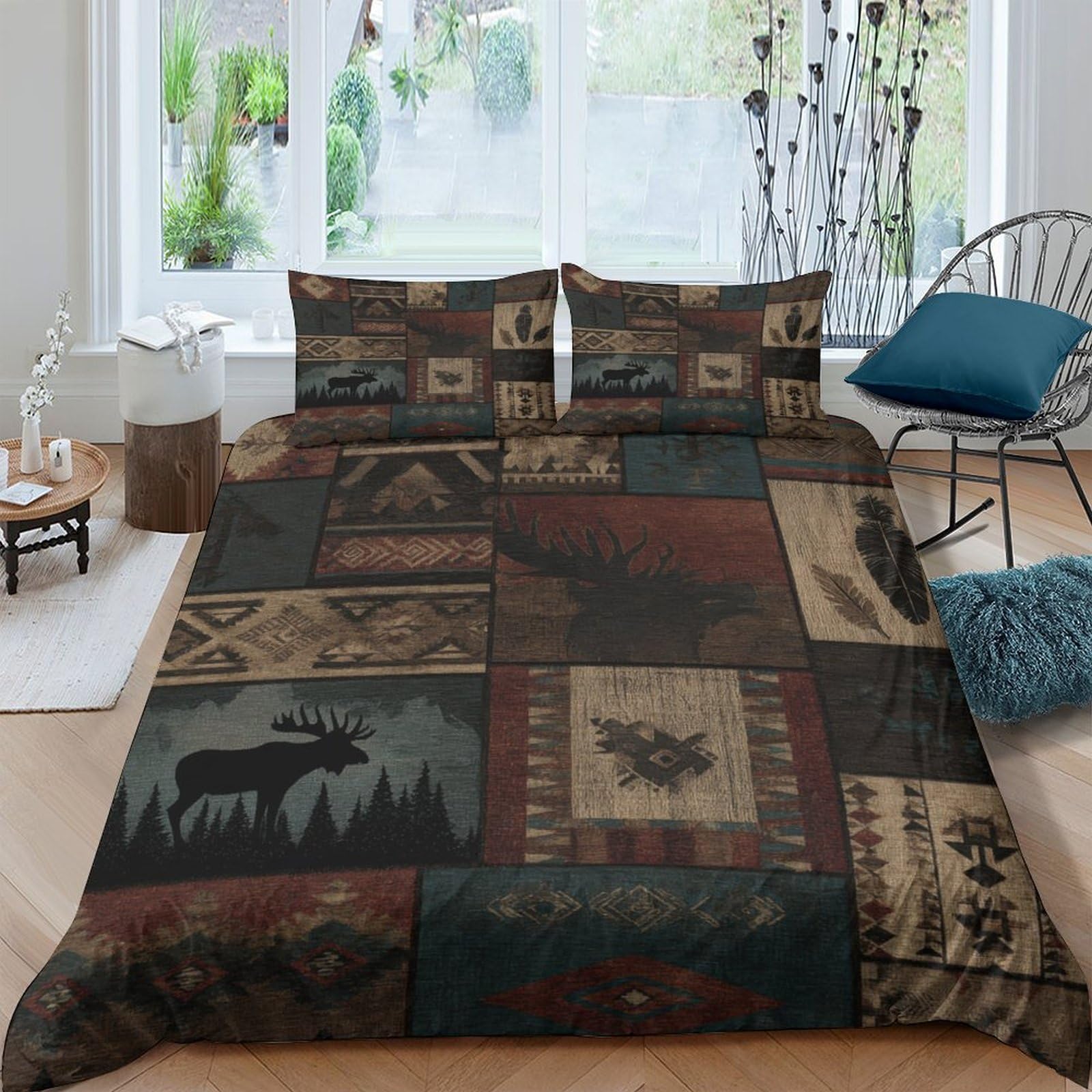 Ctjqhvkz Style-3 3D Printed Rustic Patchwork Fitted Sheet Microfiber Soft Forest Moose Bed Cover For Bedroom Guest Room Decor Single（135X200cm）