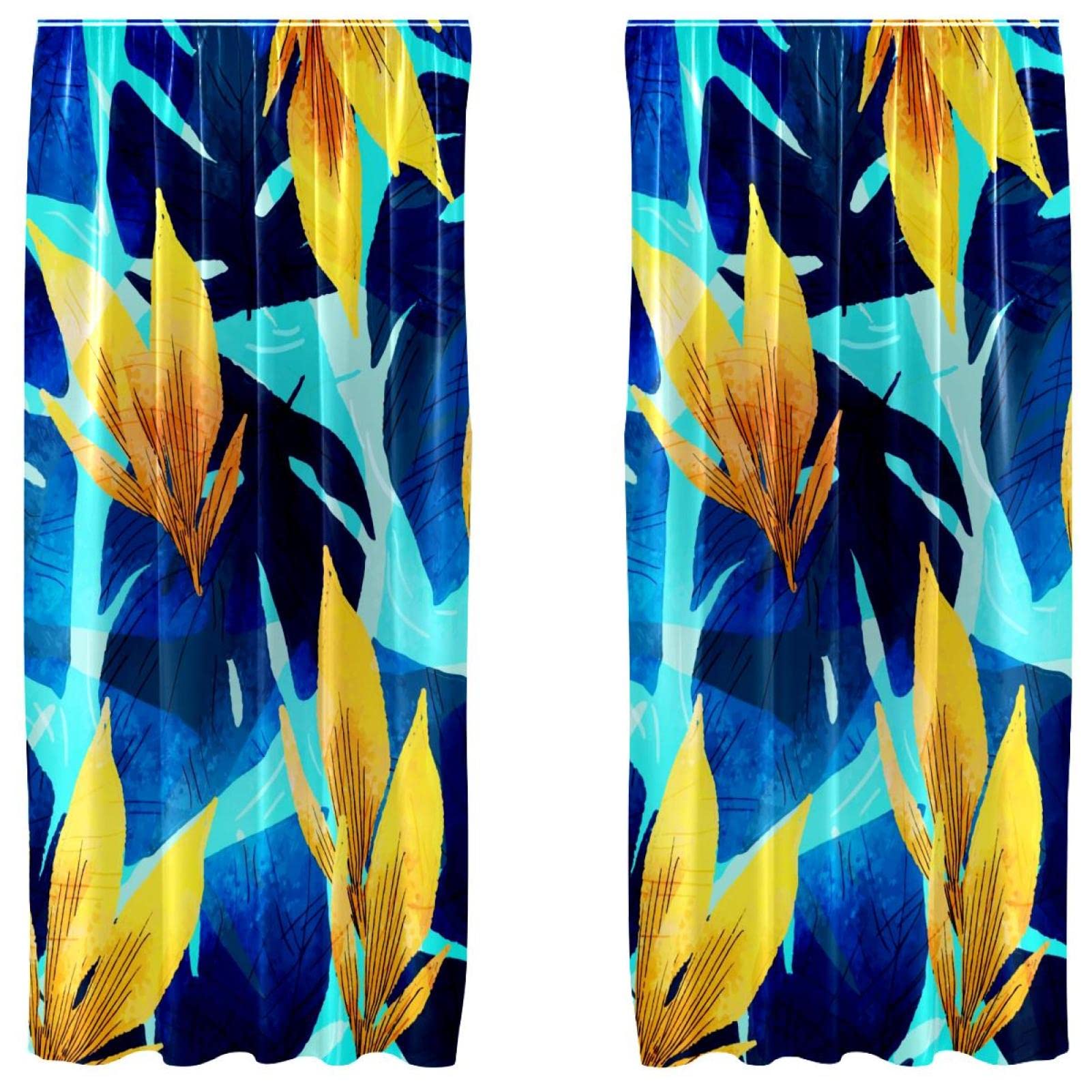 Rideaux feuilles tropicales bleues rideau de salon léger voilage chambre 139x213cm lot de 2