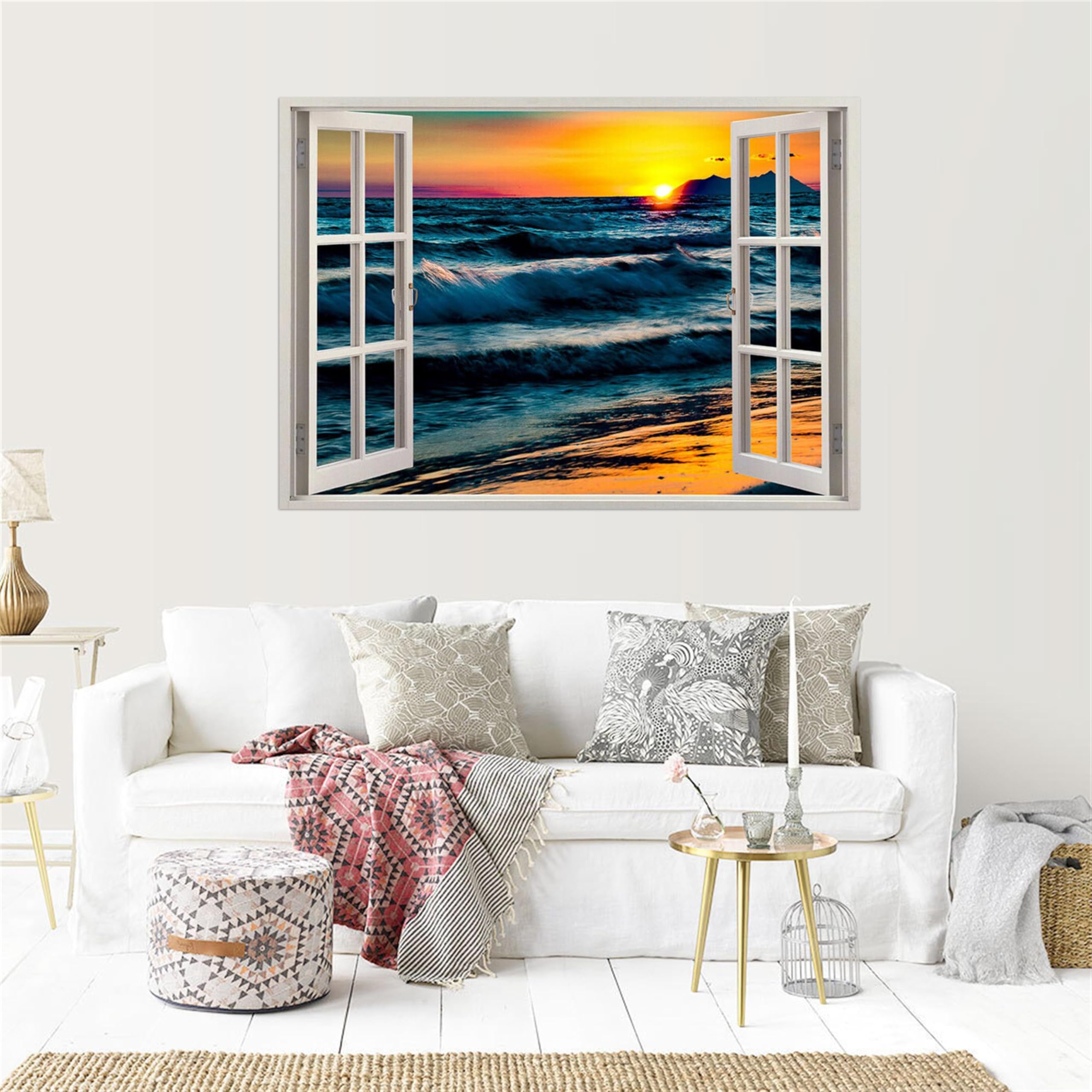 SDYSKKUG Fensterblick Bild. Meer wellen Sonnenuntergang. Landschaftsbilder Druck auf Leinwand. Wandbilder Wohnzimmer Wanddekoration 115x80cm Ungerahmt