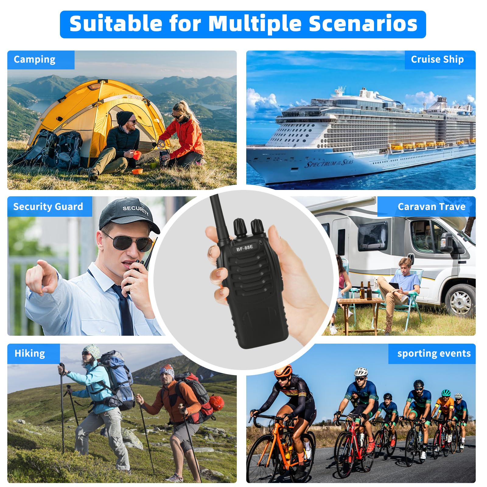 JUAUO BF-88E Talkie Walkie Longue Portée, 16 Canaux PMR446 Portable Rechargeable Professionnelle Talkies-Walkies Radio, avec des écouteurs Originaux et Station de Charge USB (Noir, 2 Paire)